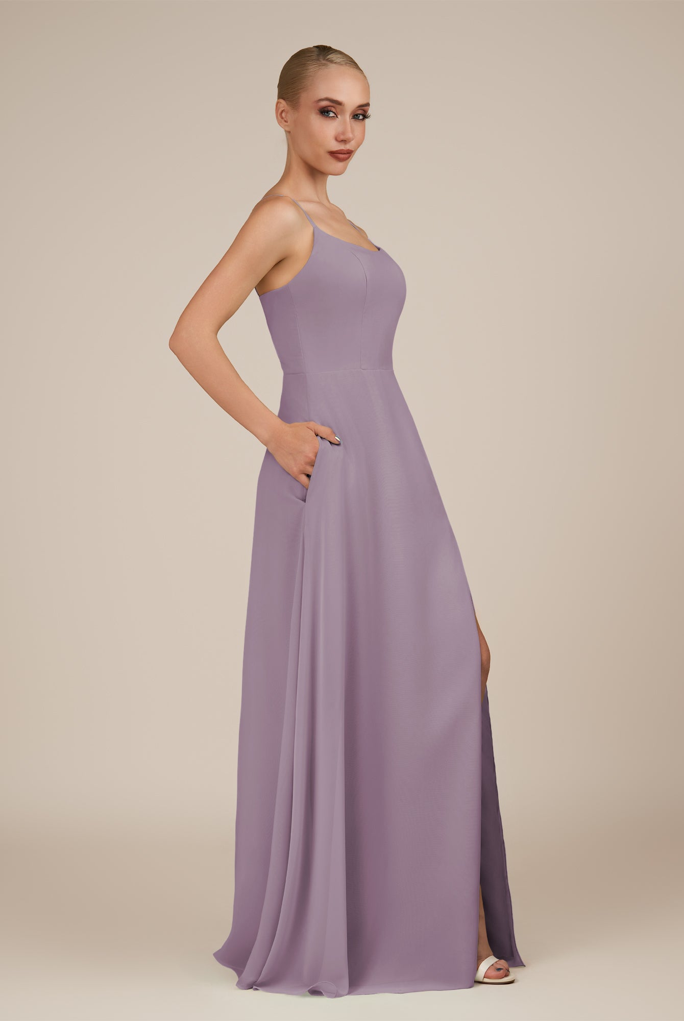 KissDress-Jovienne Dusk Sheath Scoop Neck Chiffon Long Bridesmaid Dress with Slit
