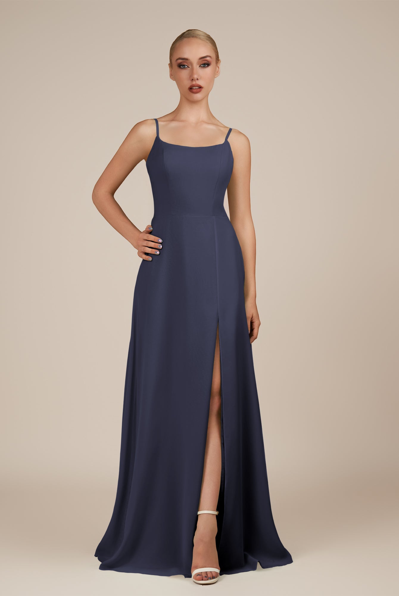 KissDress-Jovienne Dusk Blue Sheath Scoop Neck Chiffon Long Bridesmaid Dress with Slit