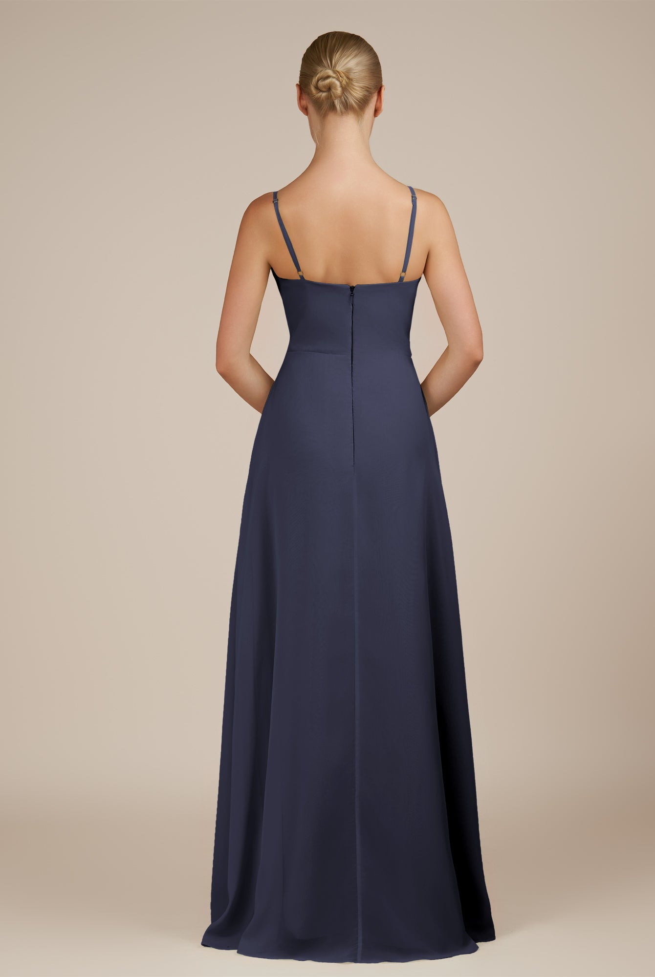 KissDress-Jovienne Dusk Blue Sheath Scoop Neck Chiffon Long Bridesmaid Dress with Slit