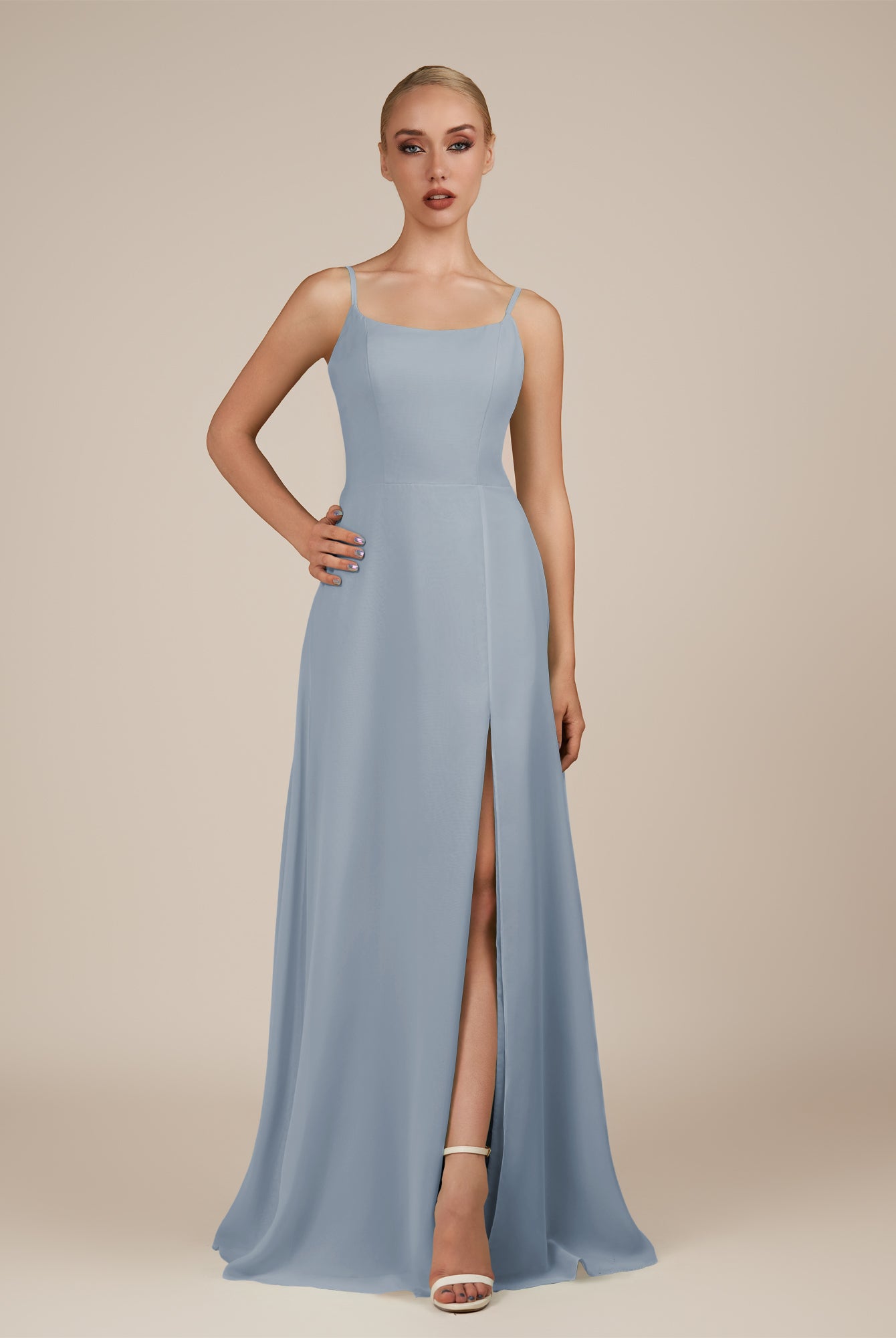 KissDress-Jovienne Dusty Blue Sheath Scoop Neck Chiffon Long Bridesmaid Dress with Slit