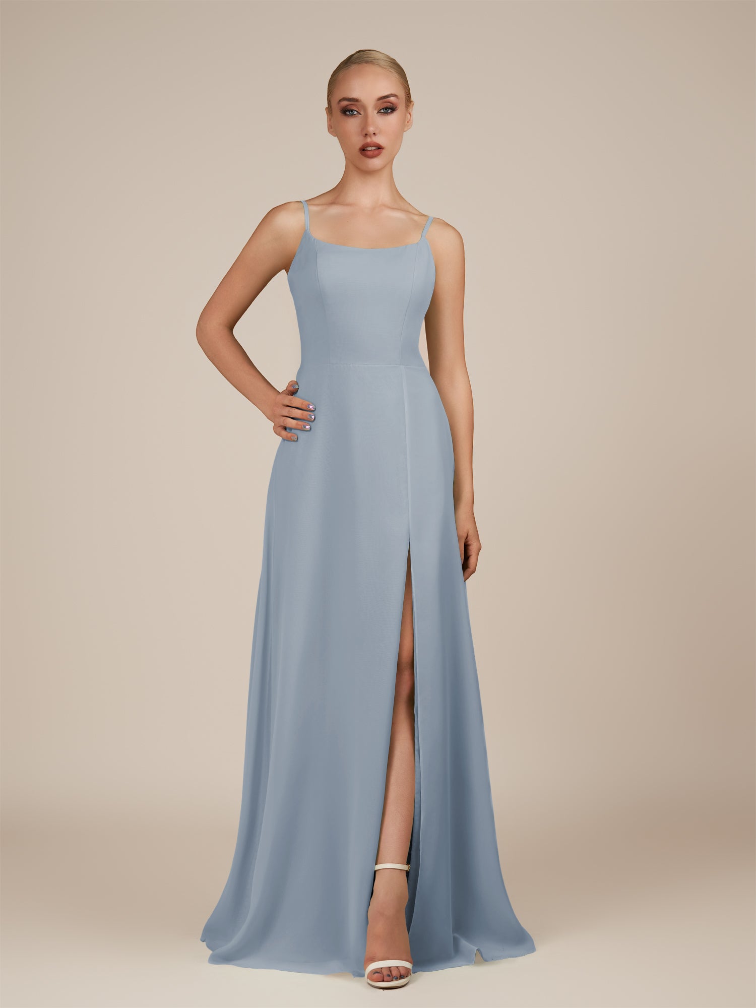 KissDress-Jovienne Dusty Blue Sheath Scoop Neck Chiffon Long Bridesmaid Dress with Slit