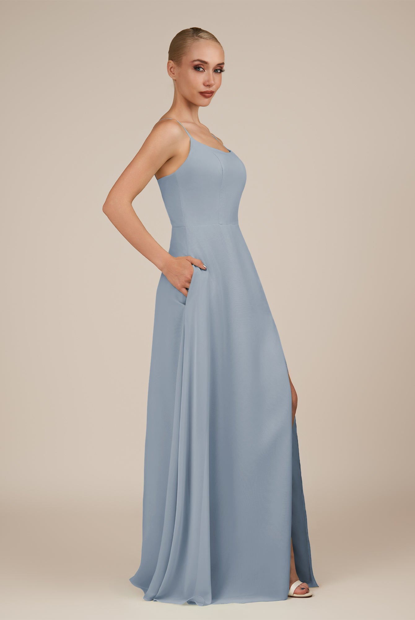 KissDress-Jovienne Dusty Blue Sheath Scoop Neck Chiffon Long Bridesmaid Dress with Slit