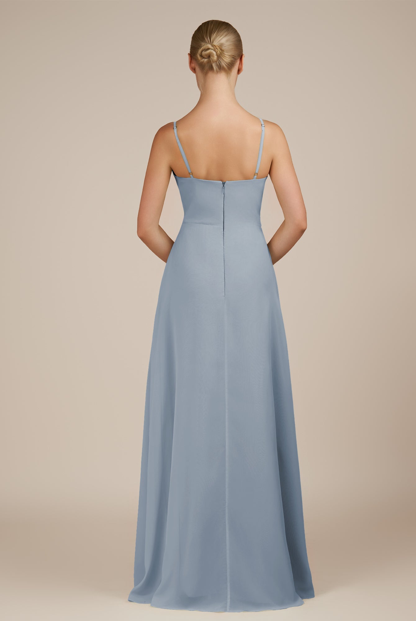 KissDress-Jovienne Dusty Blue Sheath Scoop Neck Chiffon Long Bridesmaid Dress with Slit