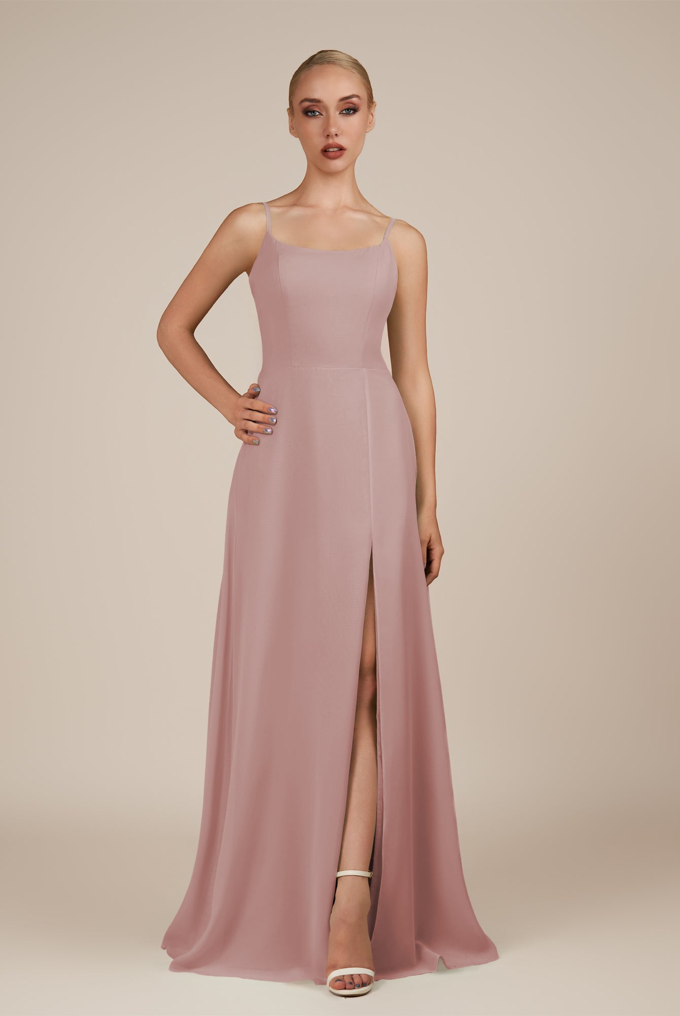 KissDress-Jovienne Dusty Rose Sheath Scoop Neck Chiffon Long Bridesmaid Dress with Slit