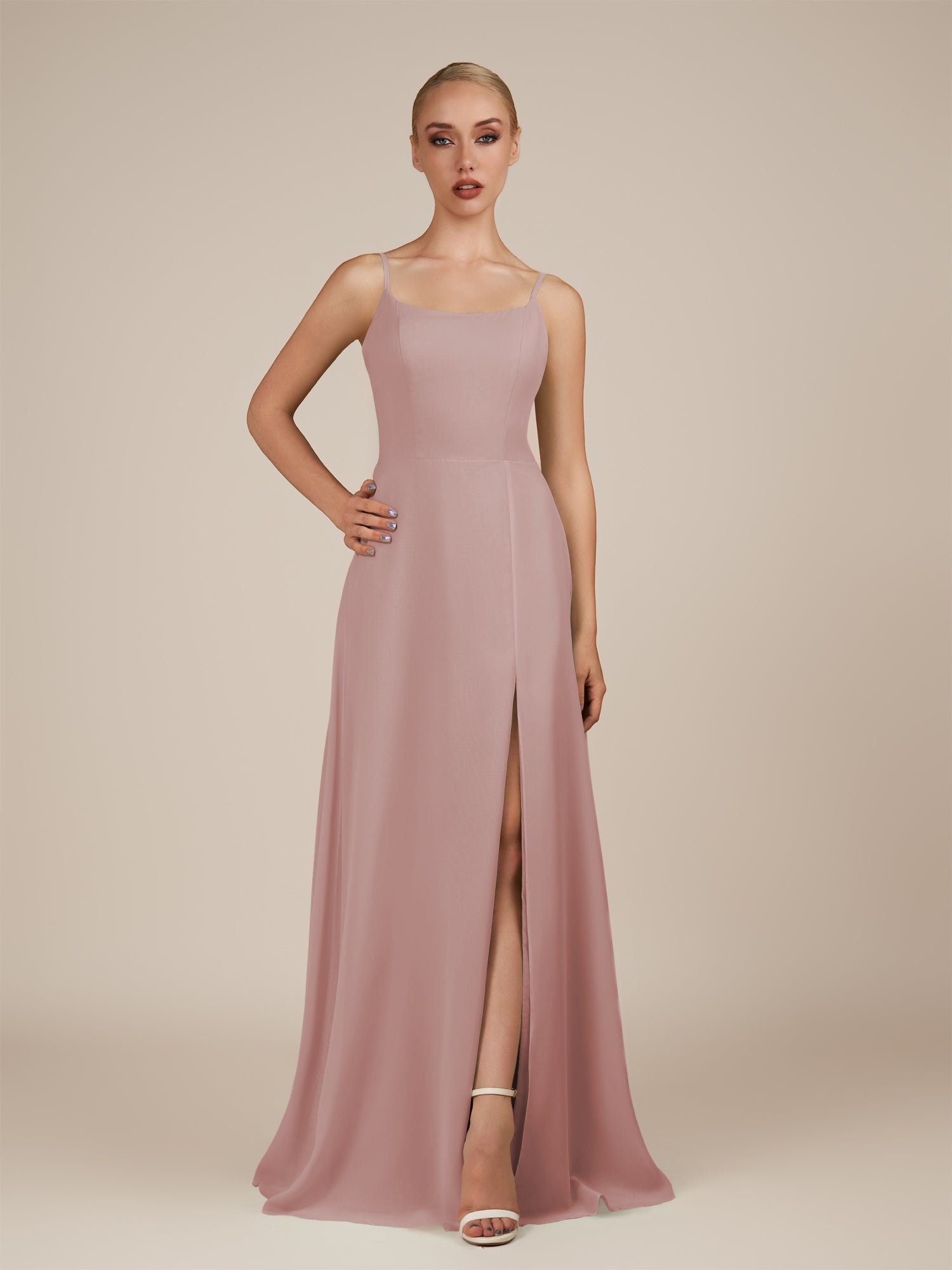 KissDress-Jovienne Dusty Rose Sheath Scoop Neck Chiffon Long Bridesmaid Dress with Slit