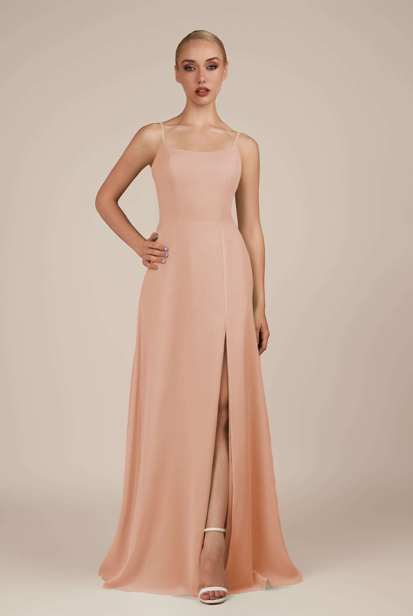 KissDress-Jovienne English Rose Sheath Scoop Neck Chiffon Long Bridesmaid Dress with Slit