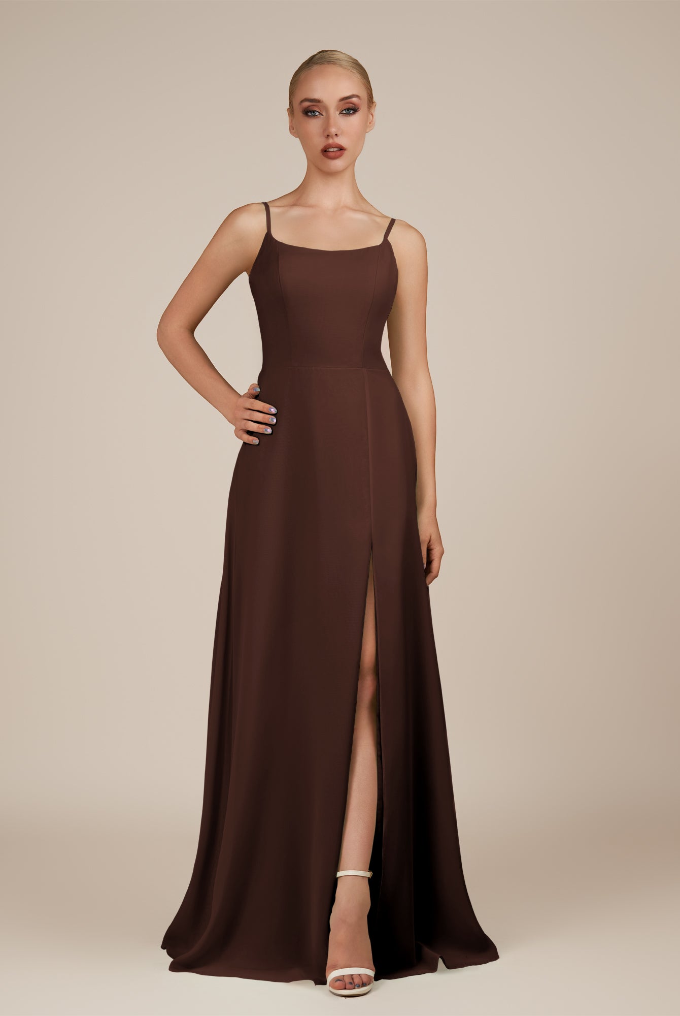 KissDress-Jovienne Espresso Sheath Scoop Neck Chiffon Long Bridesmaid Dress with Slit