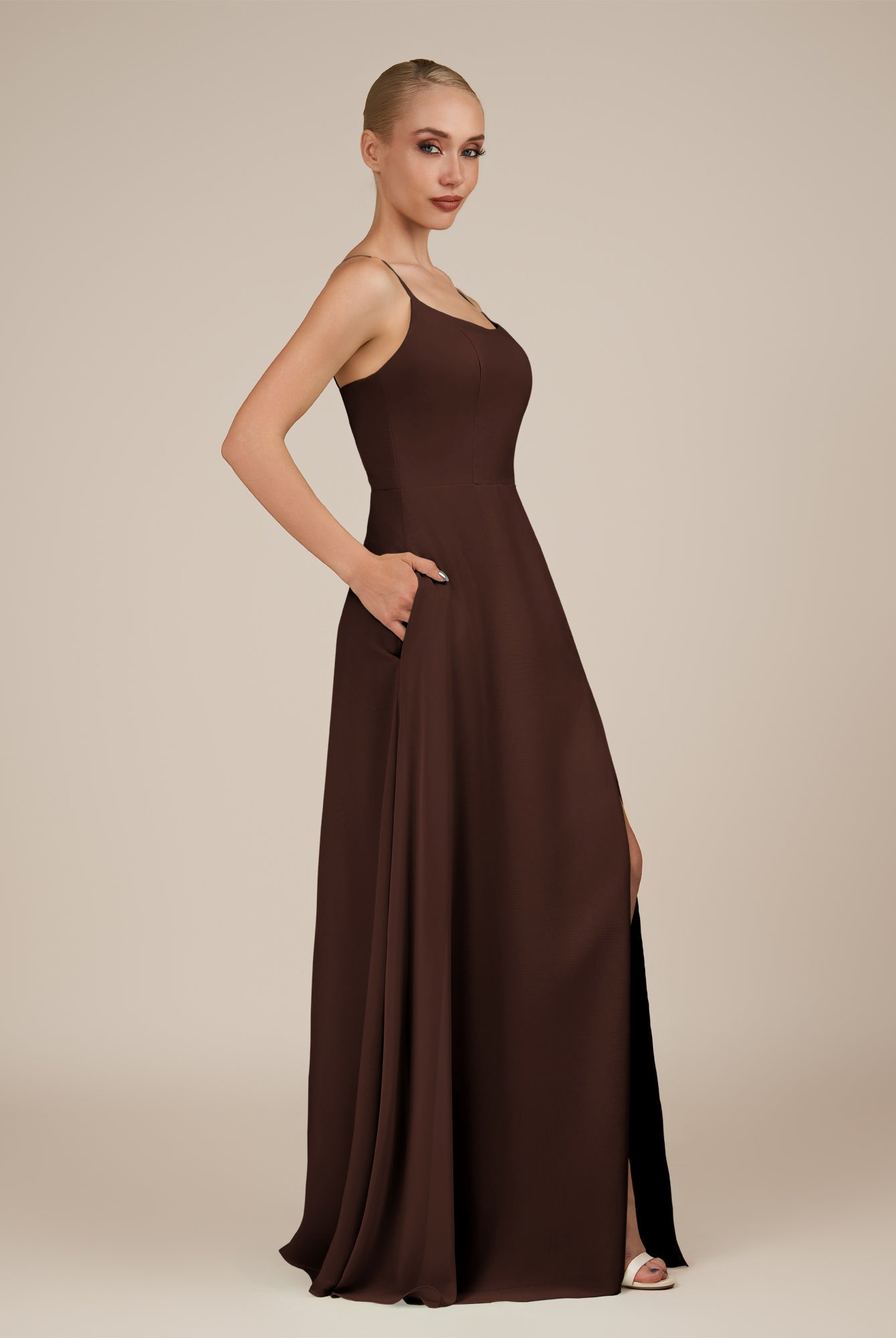 KissDress-Jovienne Espresso Sheath Scoop Neck Chiffon Long Bridesmaid Dress with Slit