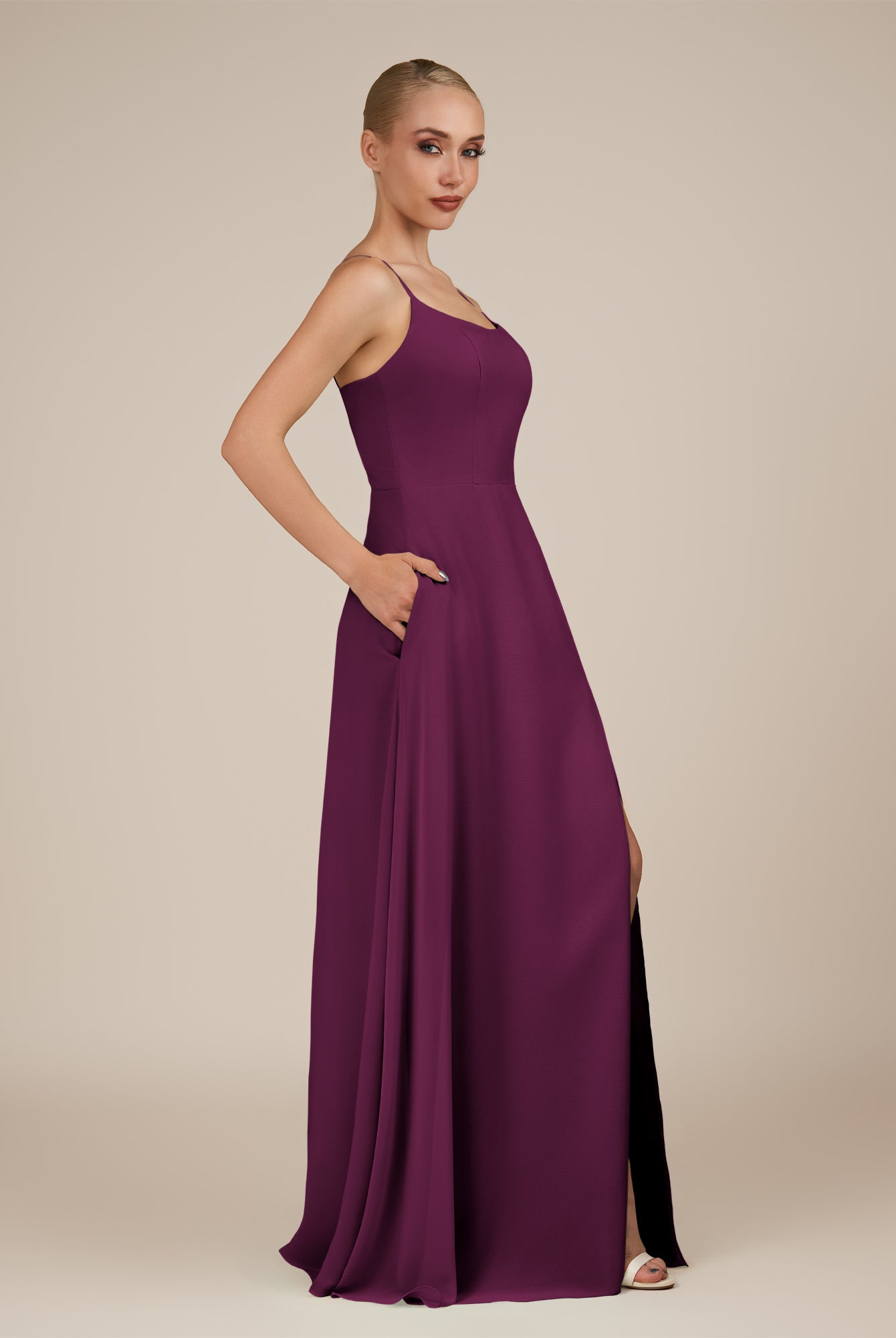 KissDress-Jovienne Fig Sheath Scoop Neck Chiffon Long Bridesmaid Dress with Slit