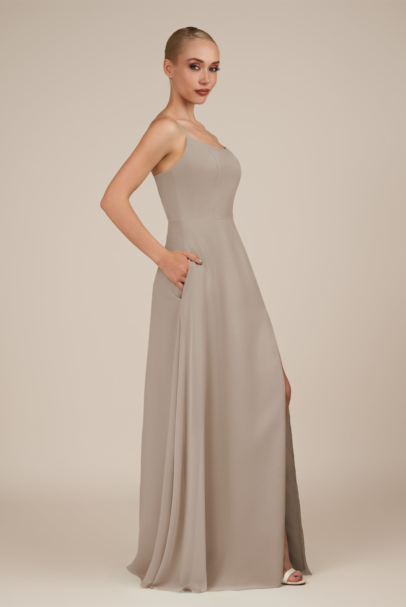 KissDress-Jovienne Frost Sheath Scoop Neck Chiffon Long Bridesmaid Dress with Slit