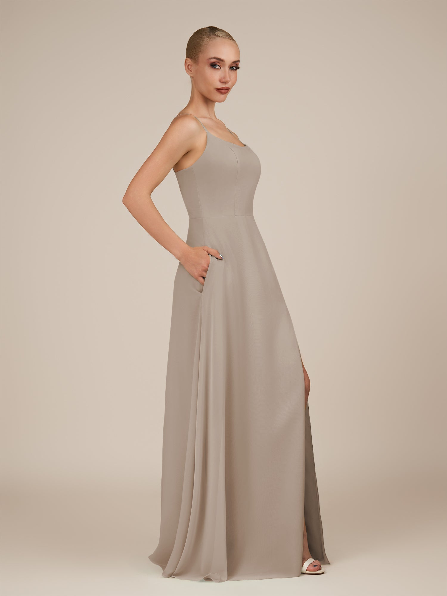 KissDress-Jovienne Frost Sheath Scoop Neck Chiffon Long Bridesmaid Dress with Slit