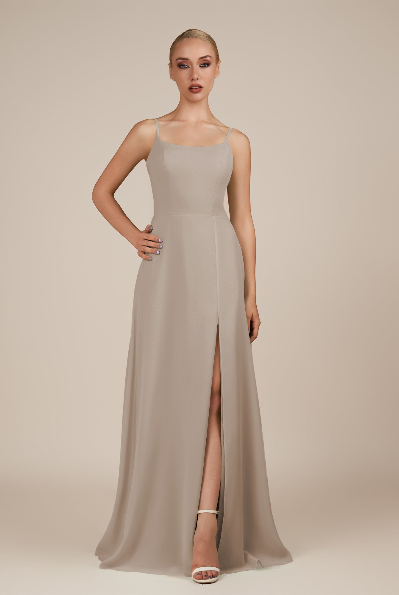KissDress-Jovienne Frost Sheath Scoop Neck Chiffon Long Bridesmaid Dress with Slit