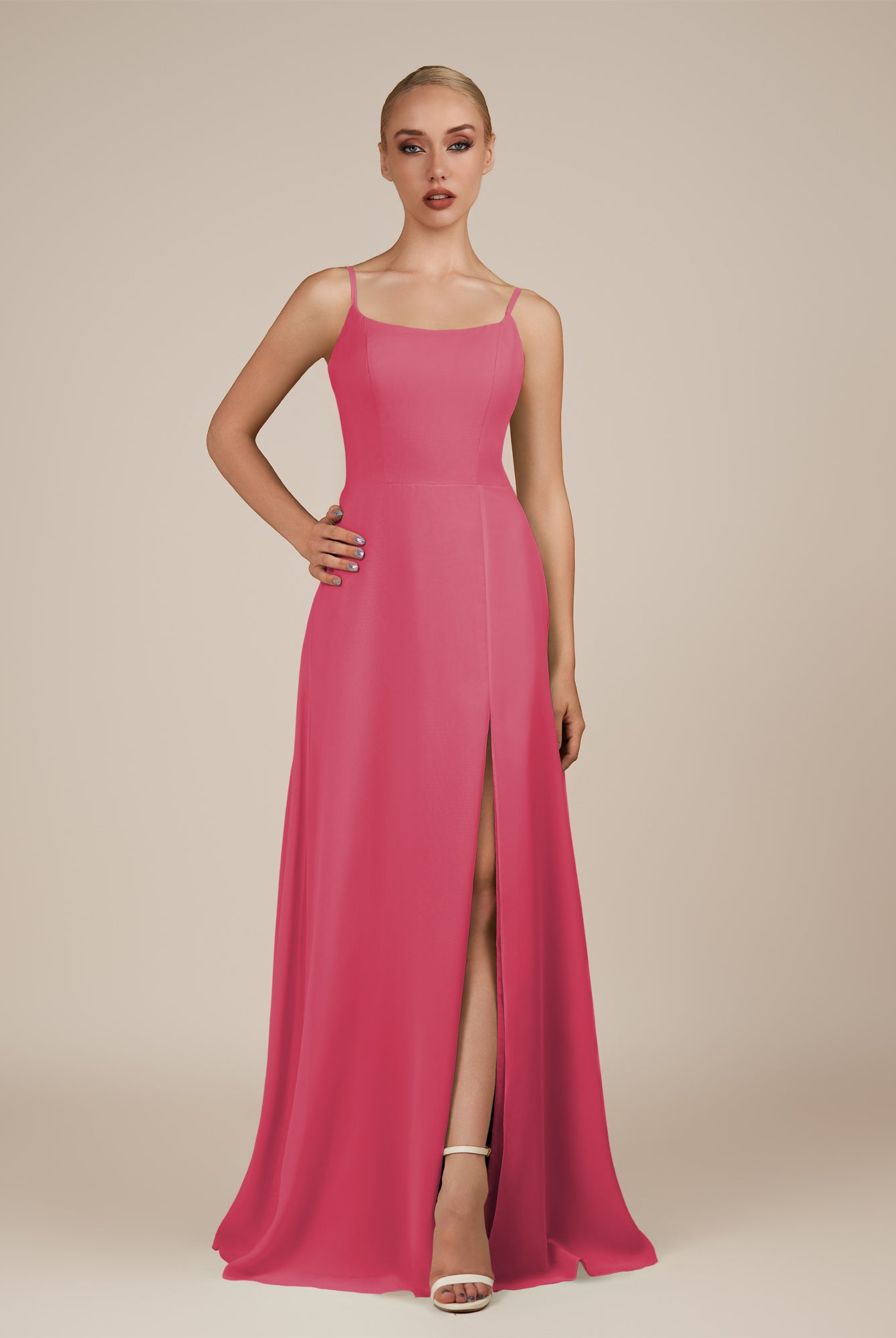 KissDress-Jovienne Fuchsia Sheath Scoop Neck Chiffon Long Bridesmaid Dress with Slit