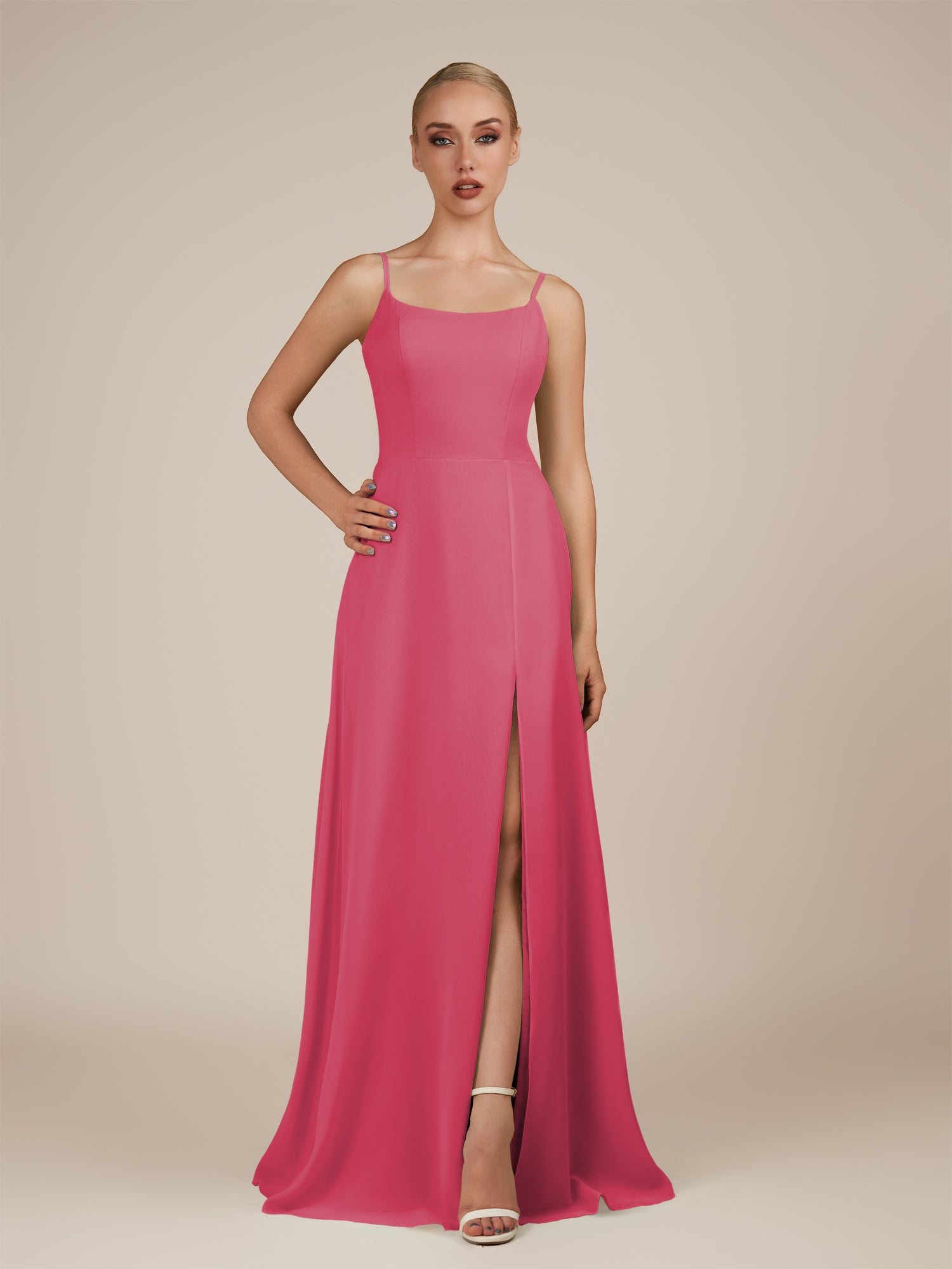 KissDress-Jovienne Fuchsia Sheath Scoop Neck Chiffon Long Bridesmaid Dress with Slit