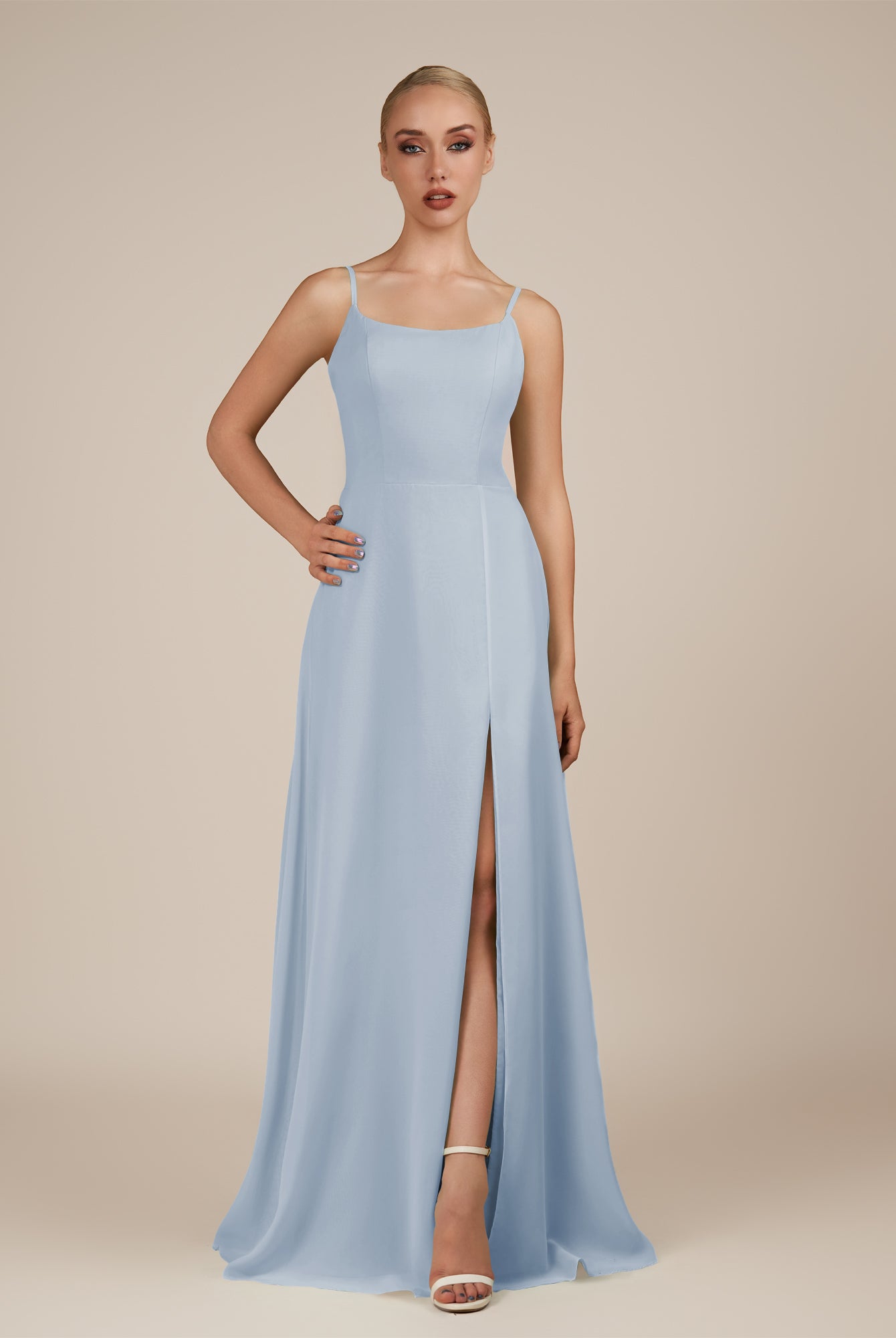 KissDress-Jovienne Ice Sheath Scoop Neck Chiffon Long Bridesmaid Dress with Slit
