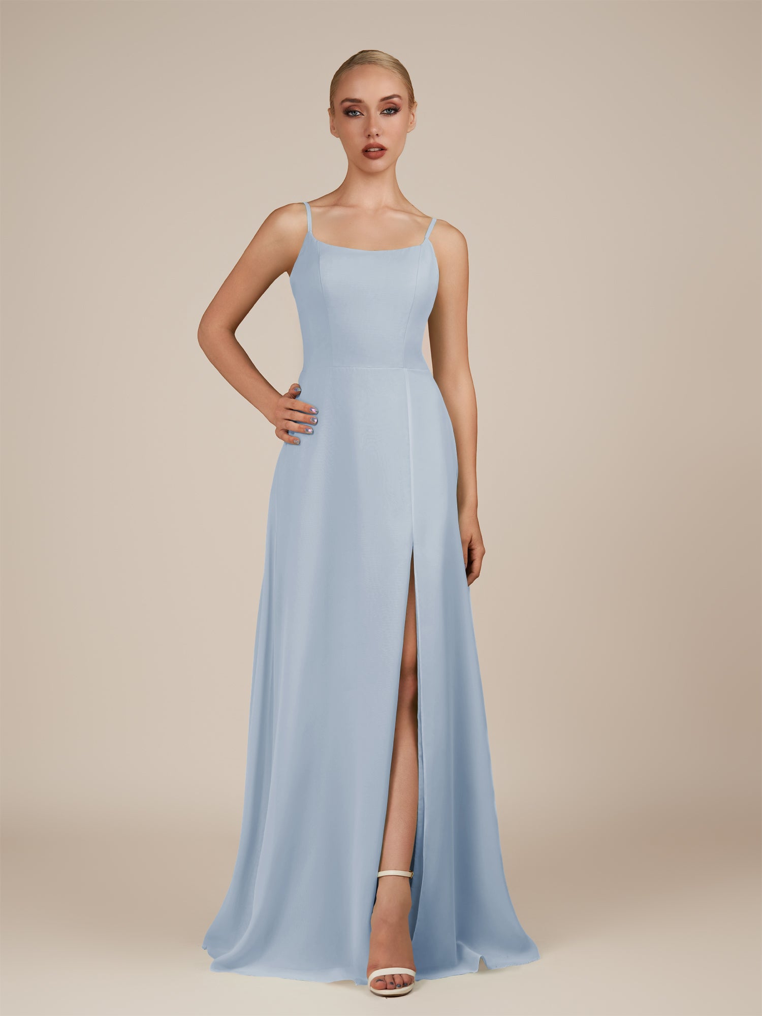 KissDress-Jovienne Ice Sheath Scoop Neck Chiffon Long Bridesmaid Dress with Slit