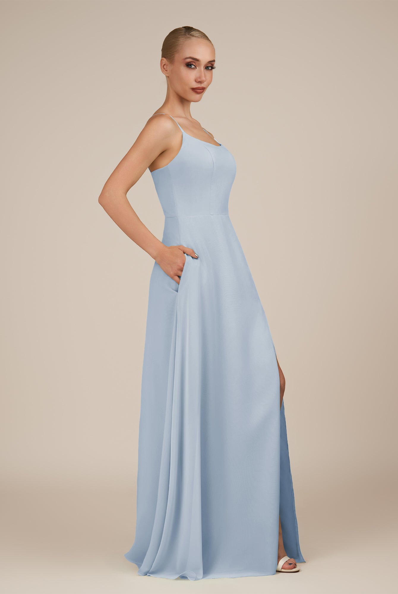 KissDress-Jovienne Ice Sheath Scoop Neck Chiffon Long Bridesmaid Dress with Slit