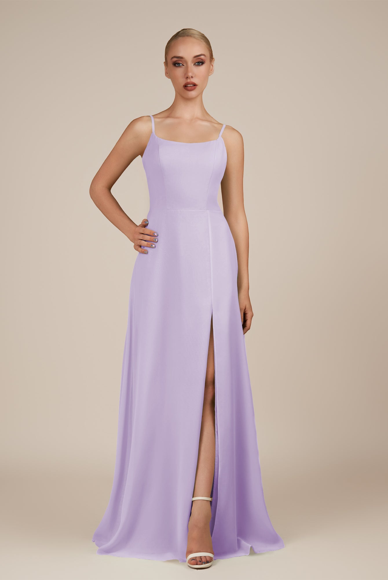 KissDress-Jovienne Lavender Sheath Scoop Neck Chiffon Long Bridesmaid Dress with Slit