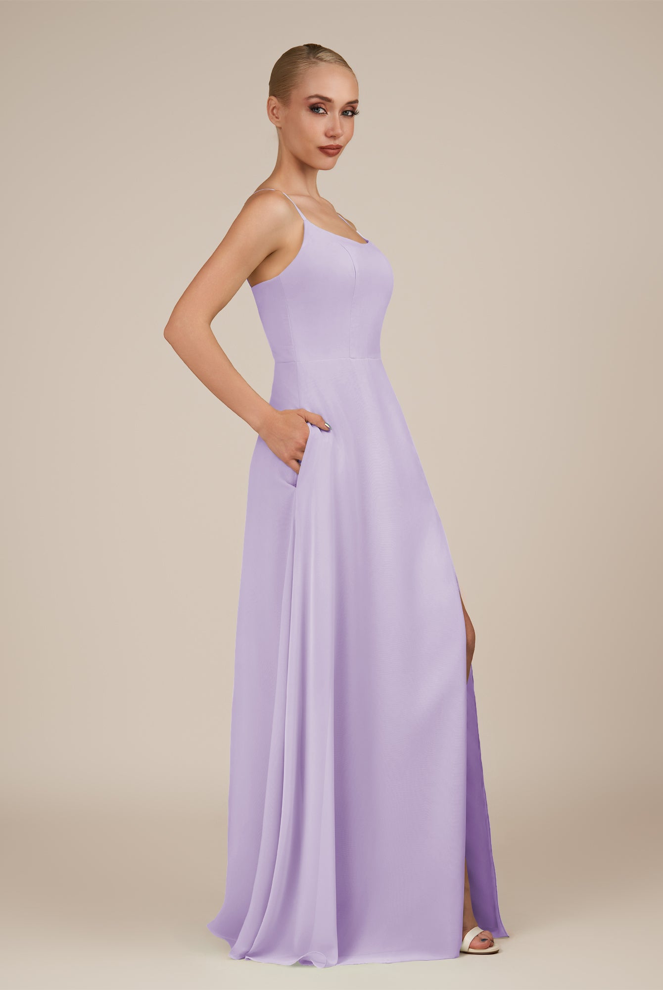 KissDress-Jovienne Lavender Sheath Scoop Neck Chiffon Long Bridesmaid Dress with Slit