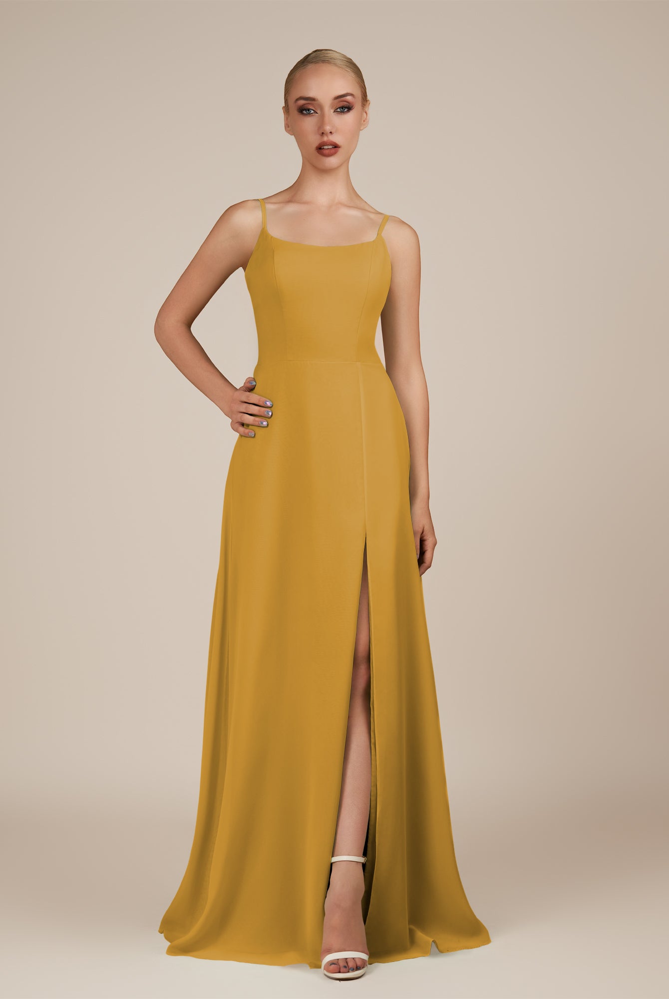 KissDress-Jovienne Marigold Sheath Scoop Neck Chiffon Long Bridesmaid Dress with Slit