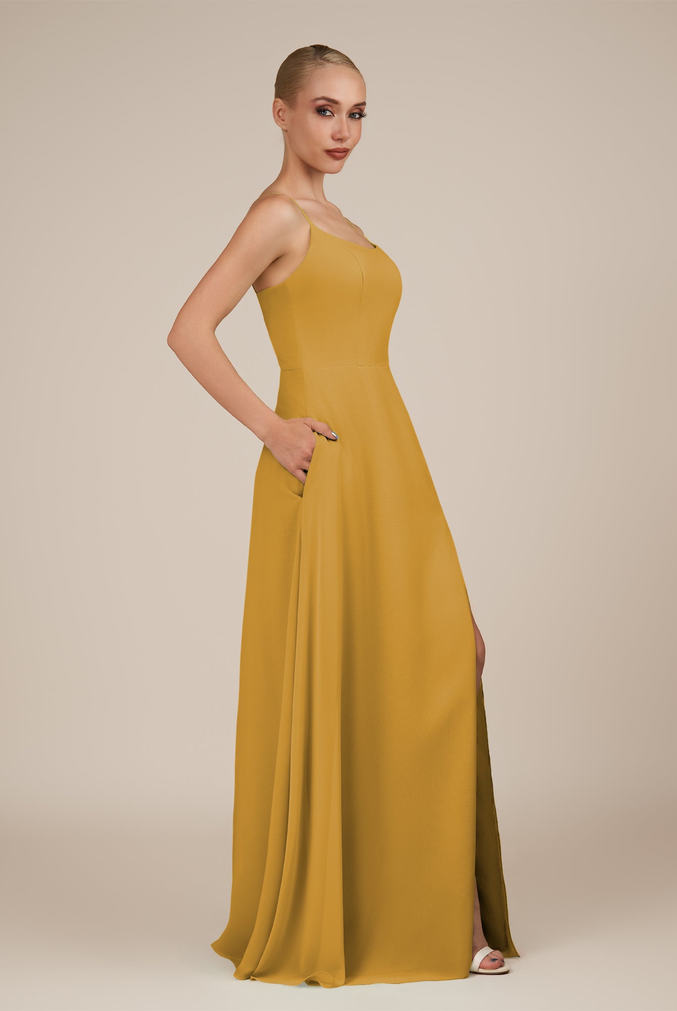 KissDress-Jovienne Marigold Sheath Scoop Neck Chiffon Long Bridesmaid Dress with Slit