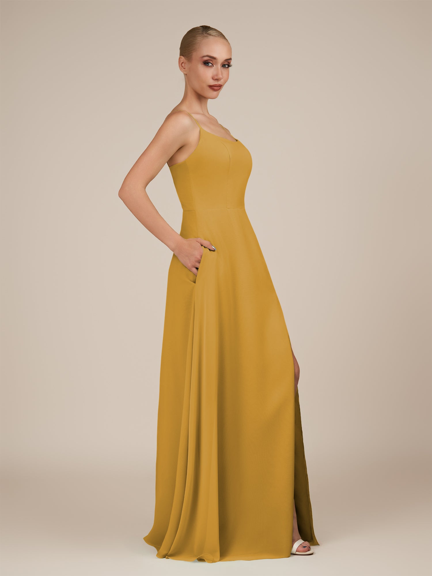 KissDress-Jovienne Marigold Sheath Scoop Neck Chiffon Long Bridesmaid Dress with Slit