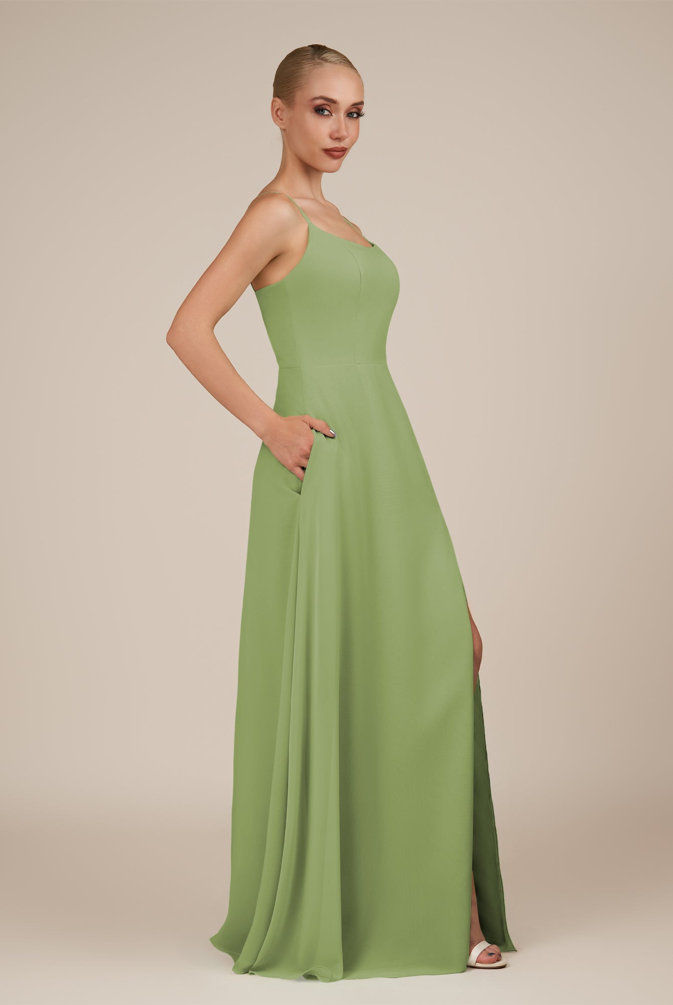 KissDress-Jovienne Matcha Sheath Scoop Neck Chiffon Long Bridesmaid Dress with Slit