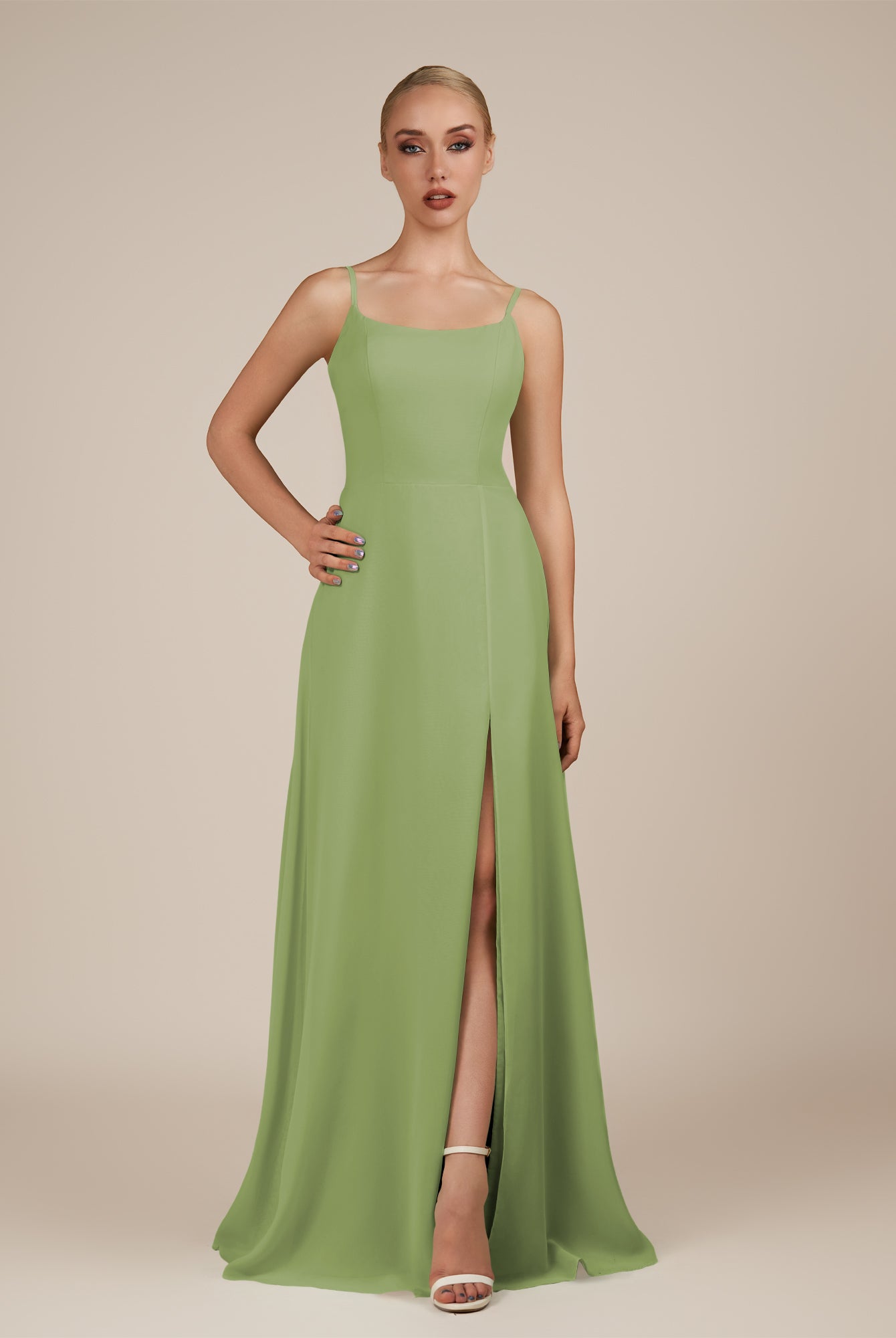 KissDress-Jovienne Matcha Sheath Scoop Neck Chiffon Long Bridesmaid Dress with Slit