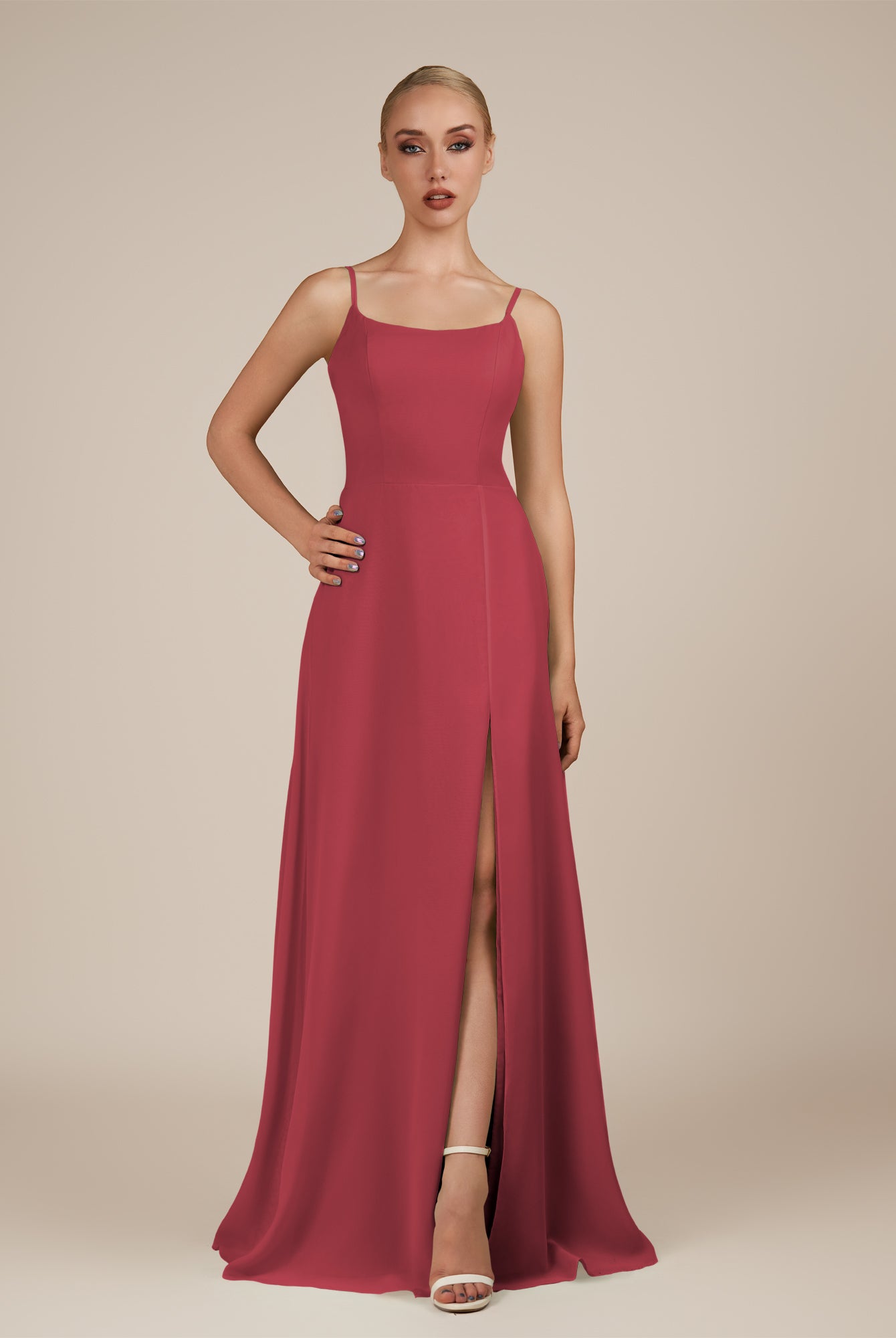 KissDress-Jovienne Merlot Sheath Scoop Neck Chiffon Long Bridesmaid Dress with Slit