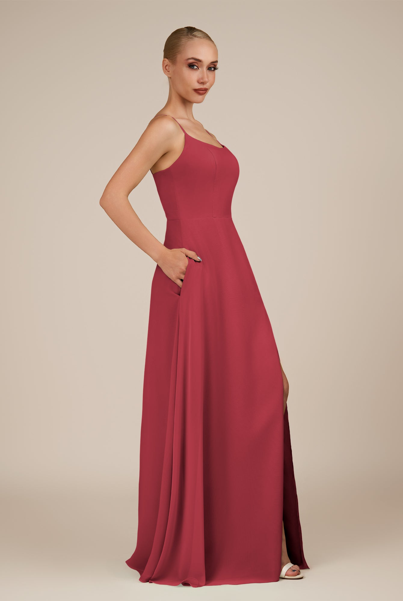KissDress-Jovienne Merlot Sheath Scoop Neck Chiffon Long Bridesmaid Dress with Slit
