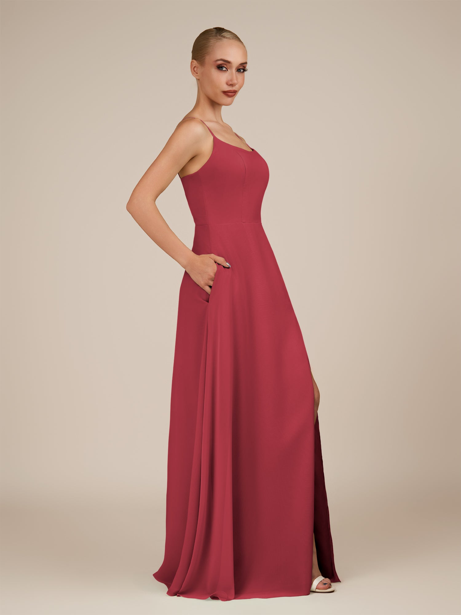 KissDress-Jovienne Merlot Sheath Scoop Neck Chiffon Long Bridesmaid Dress with Slit