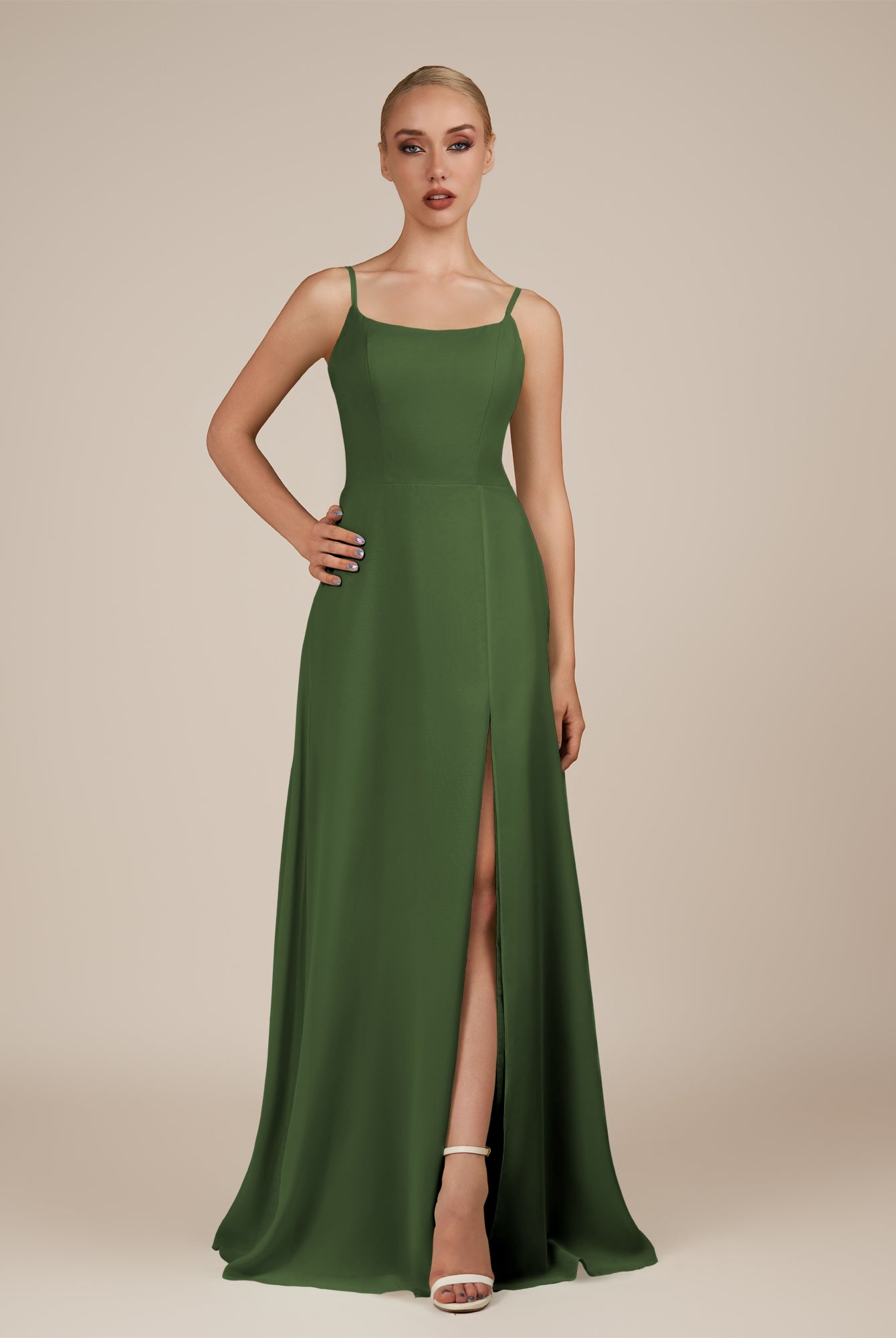 KissDress-Jovienne Moss Sheath Scoop Neck Chiffon Long Bridesmaid Dress with Slit