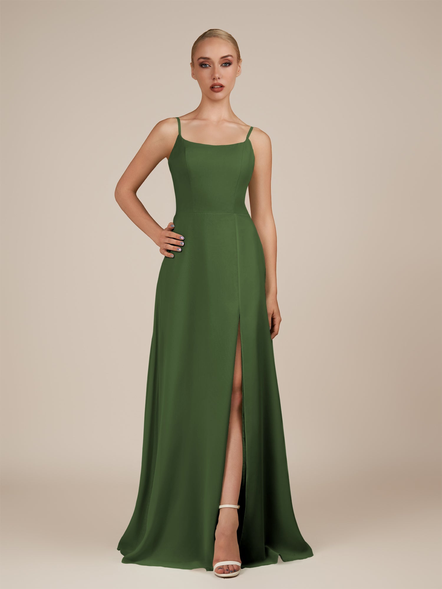KissDress-Jovienne Moss Sheath Scoop Neck Chiffon Long Bridesmaid Dress with Slit