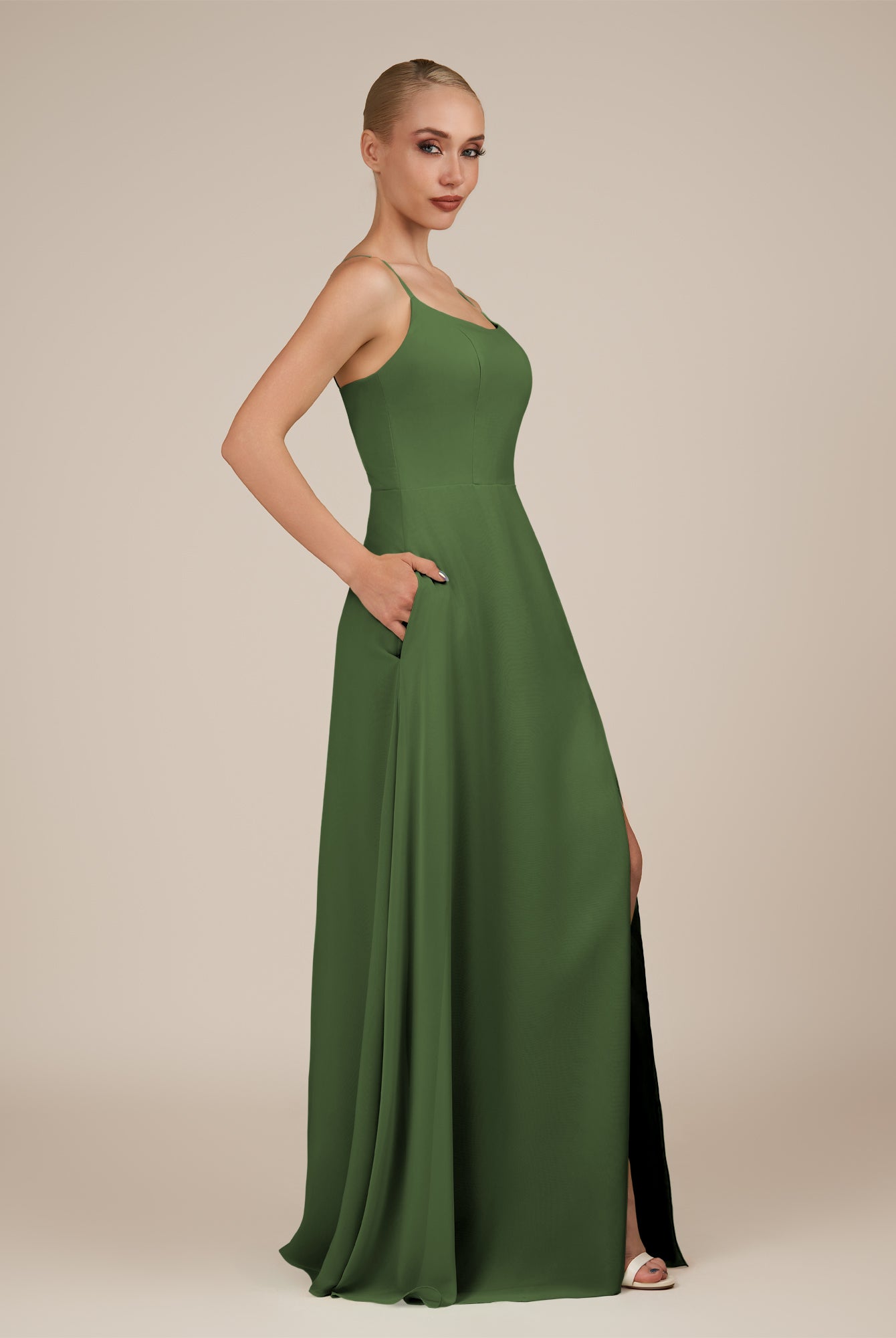 KissDress-Jovienne Moss Sheath Scoop Neck Chiffon Long Bridesmaid Dress with Slit