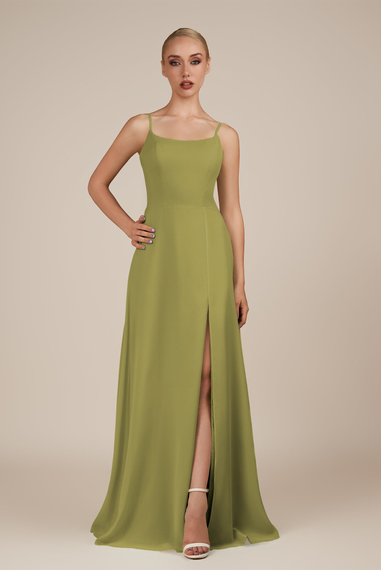KissDress-Jovienne Moss Green Sheath Scoop Neck Chiffon Long Bridesmaid Dress with Slit