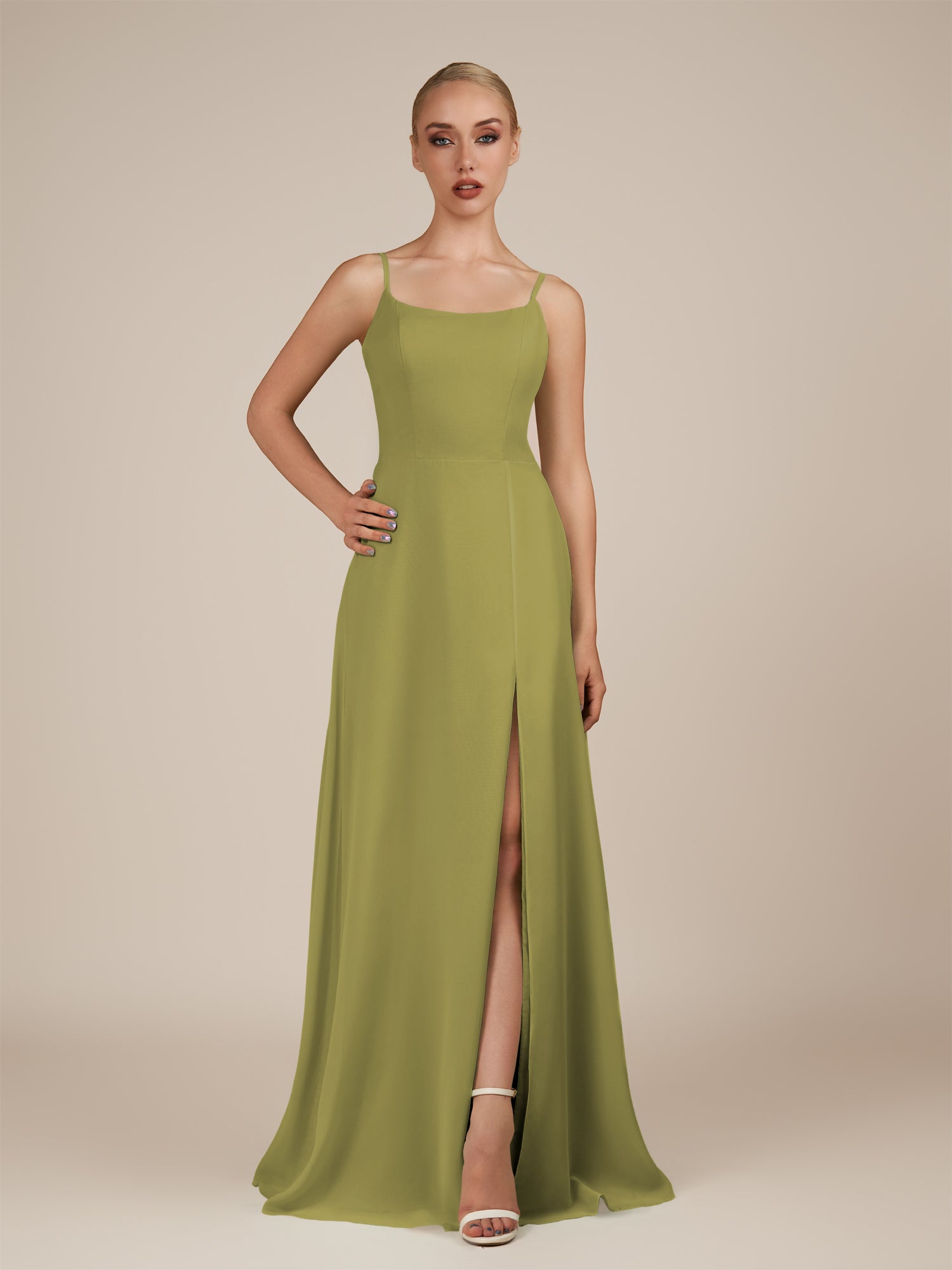 KissDress-Jovienne Moss Green Sheath Scoop Neck Chiffon Long Bridesmaid Dress with Slit