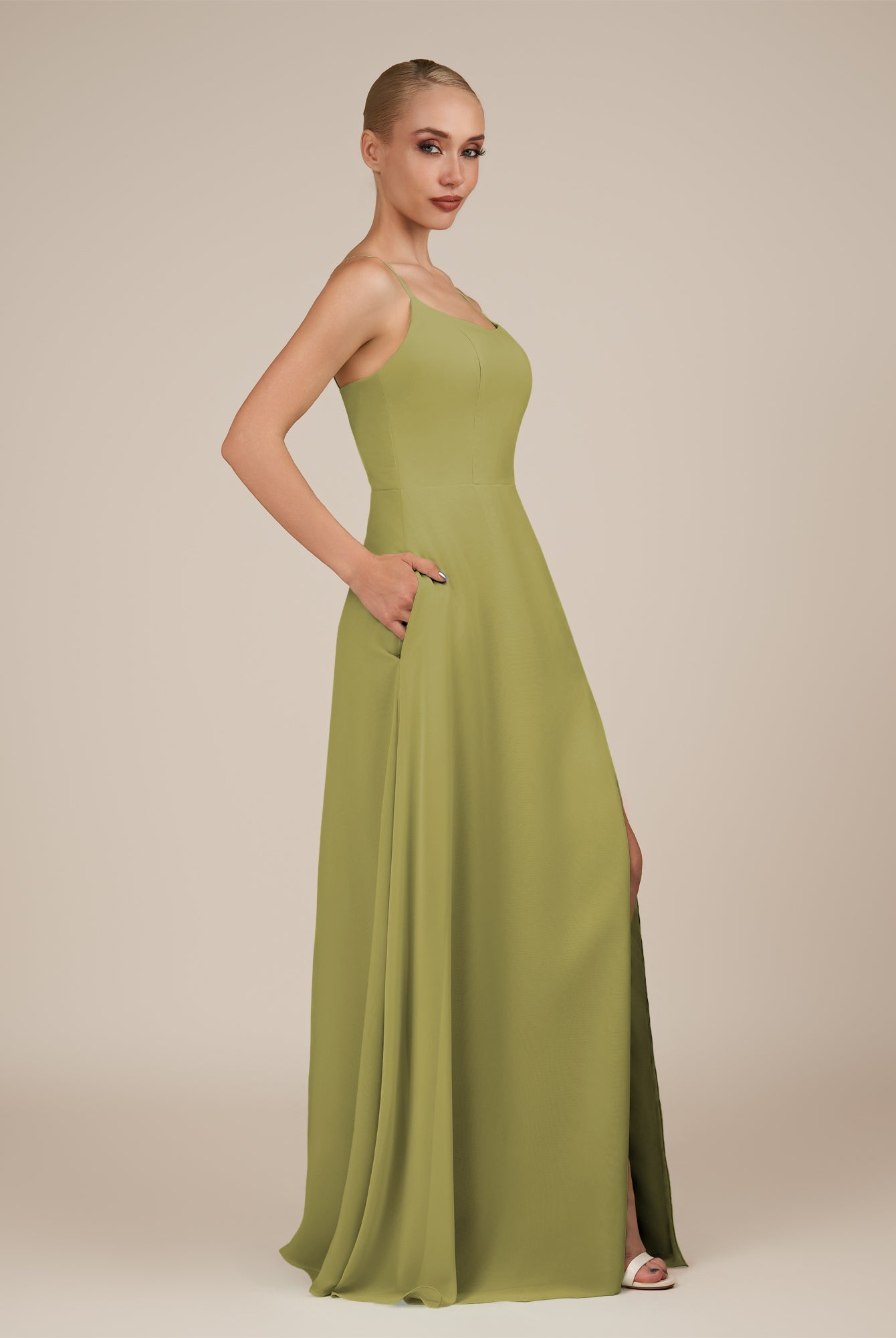 KissDress-Jovienne Moss Green Sheath Scoop Neck Chiffon Long Bridesmaid Dress with Slit