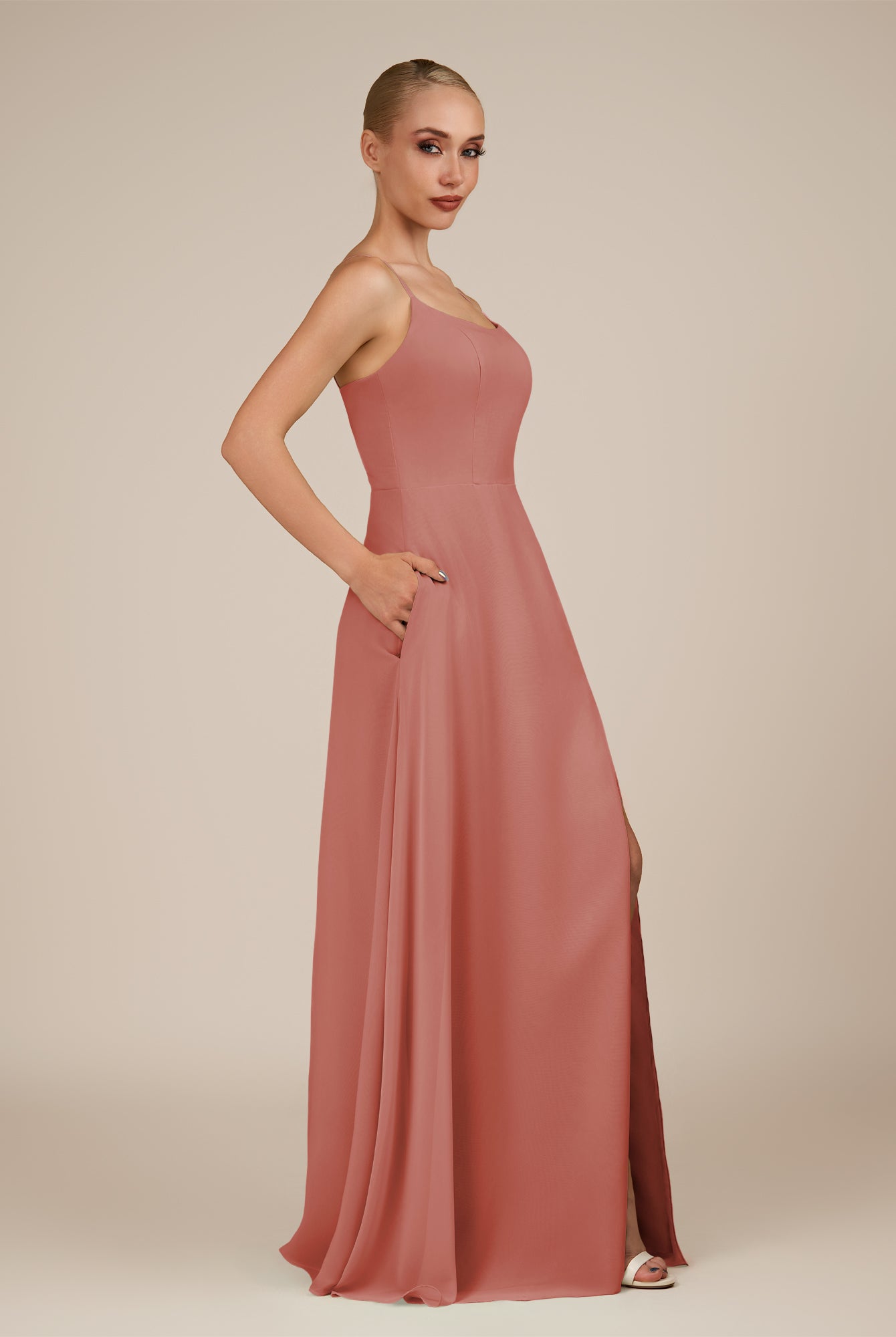 KissDress-Jovienne Mulberry Sheath Scoop Neck Chiffon Long Bridesmaid Dress with Slit