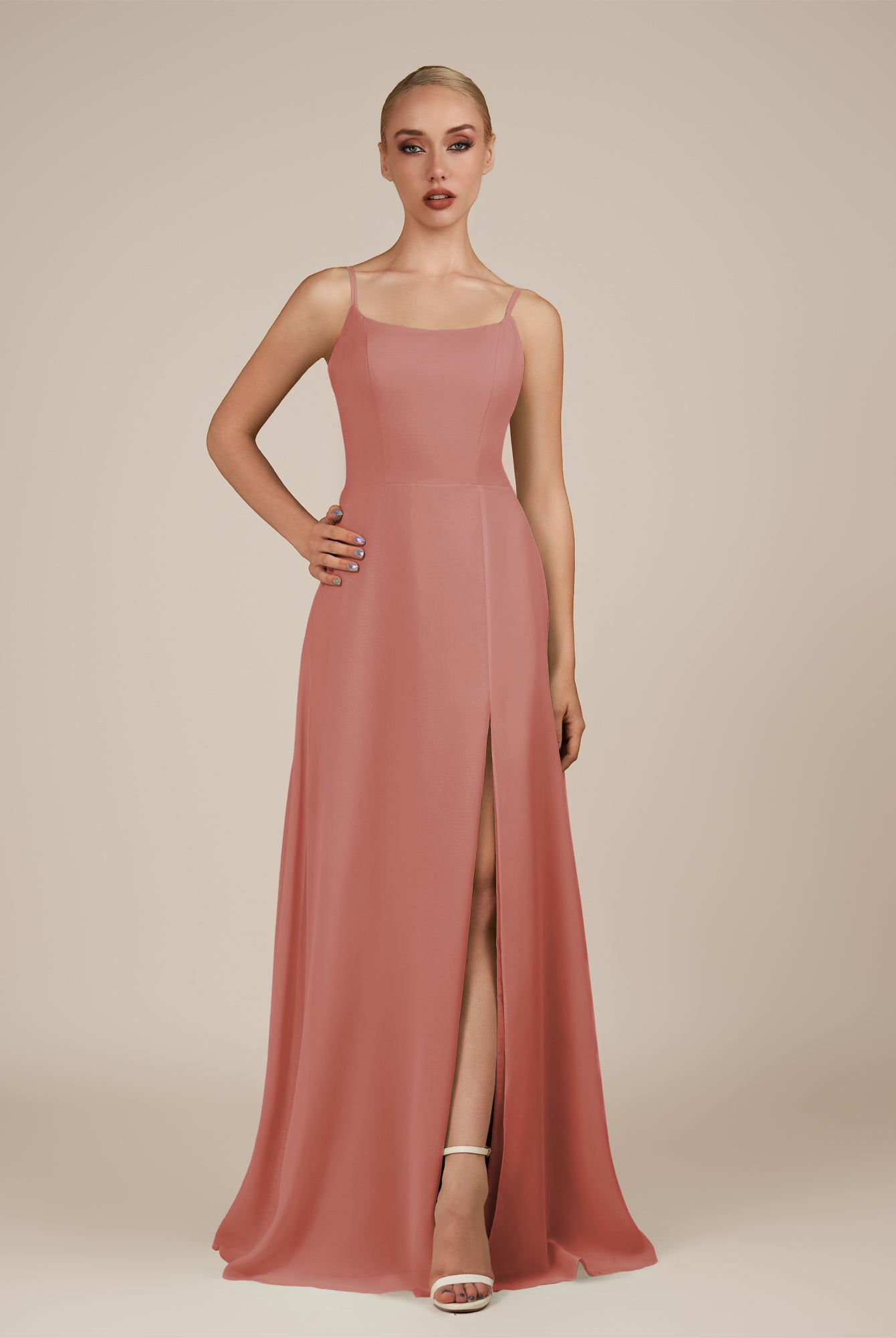KissDress-Jovienne Mulberry Sheath Scoop Neck Chiffon Long Bridesmaid Dress with Slit
