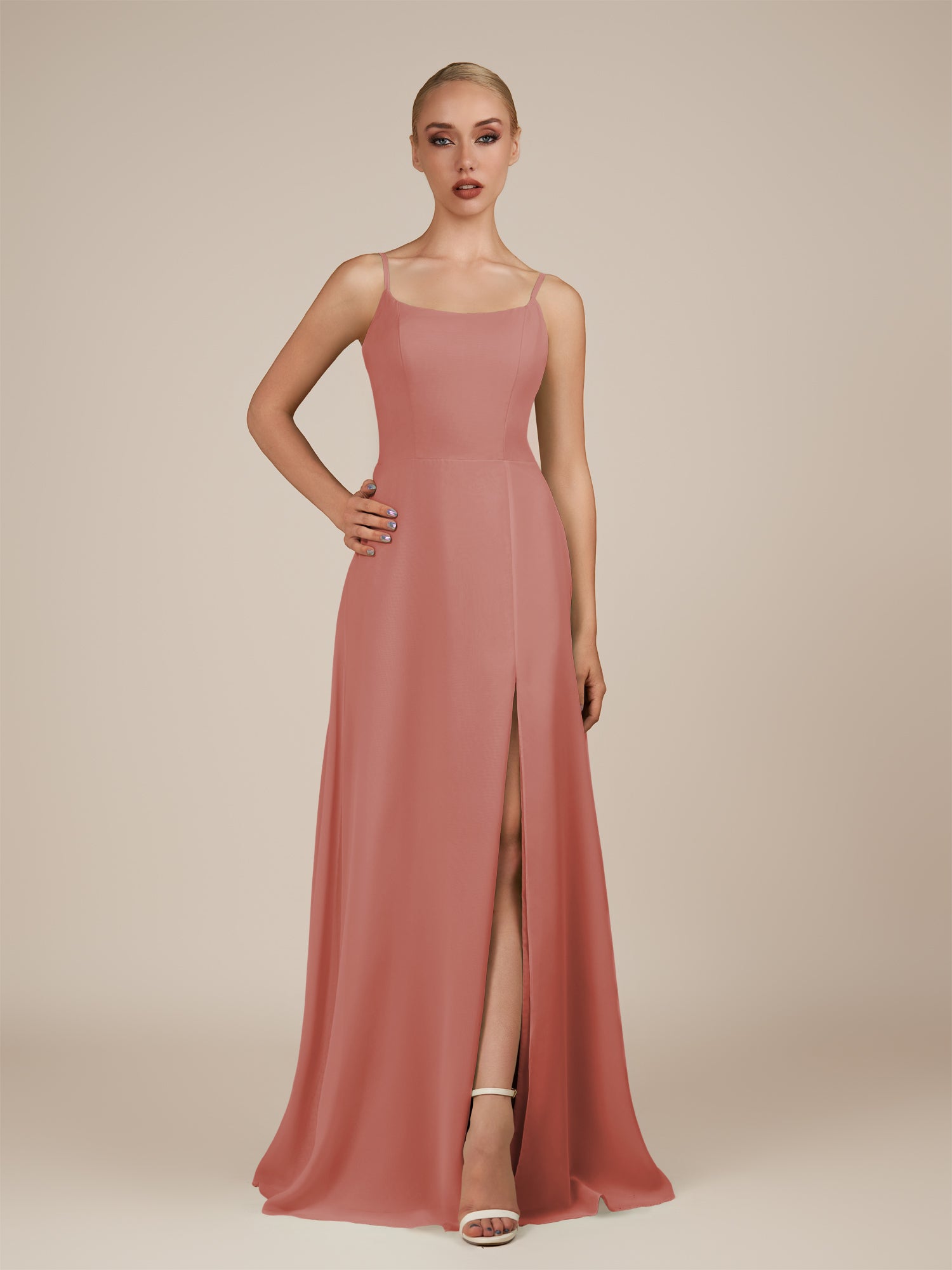 KissDress-Jovienne Mulberry Sheath Scoop Neck Chiffon Long Bridesmaid Dress with Slit