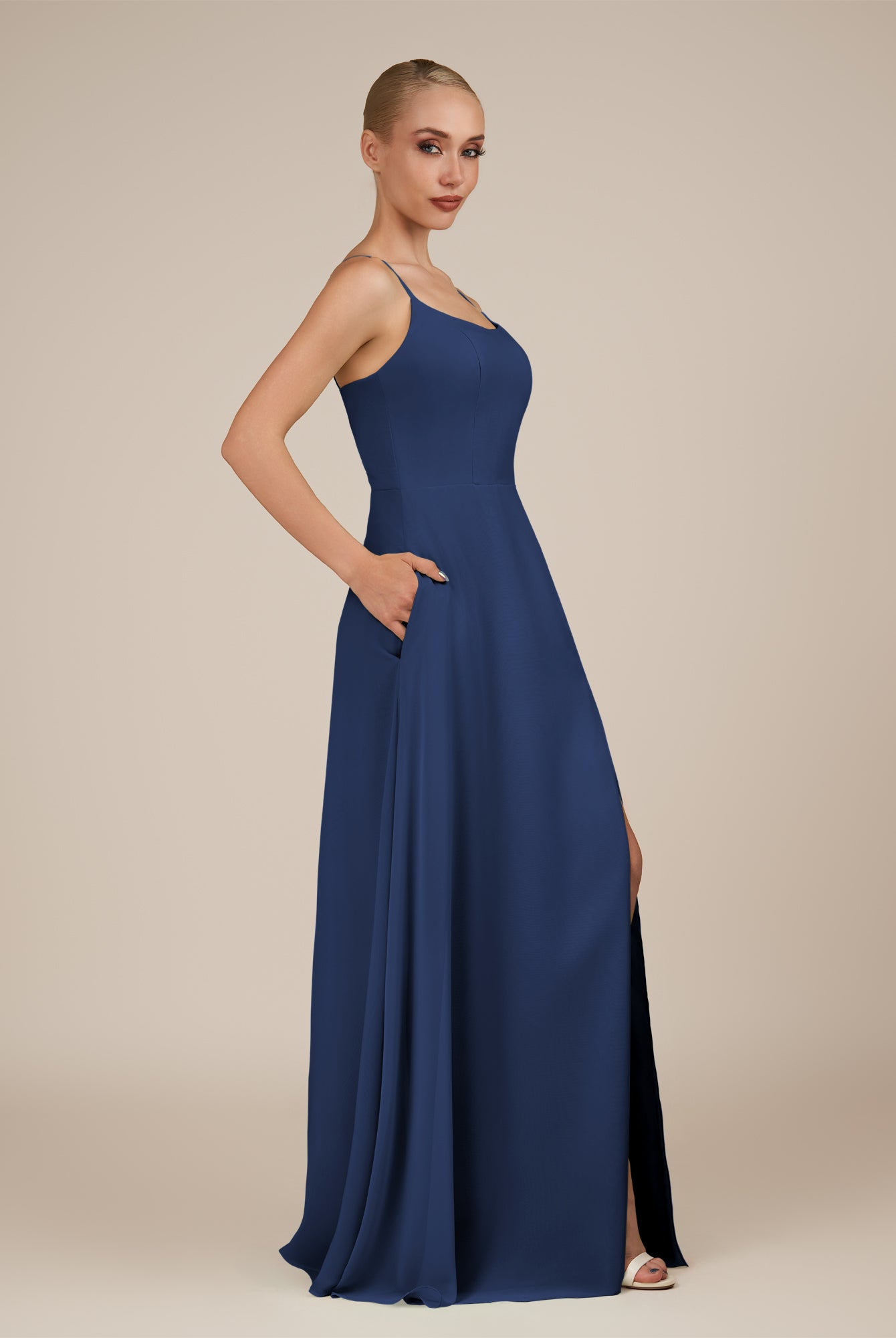 KissDress-Jovienne Navy Sheath Scoop Neck Chiffon Long Bridesmaid Dress with Slit