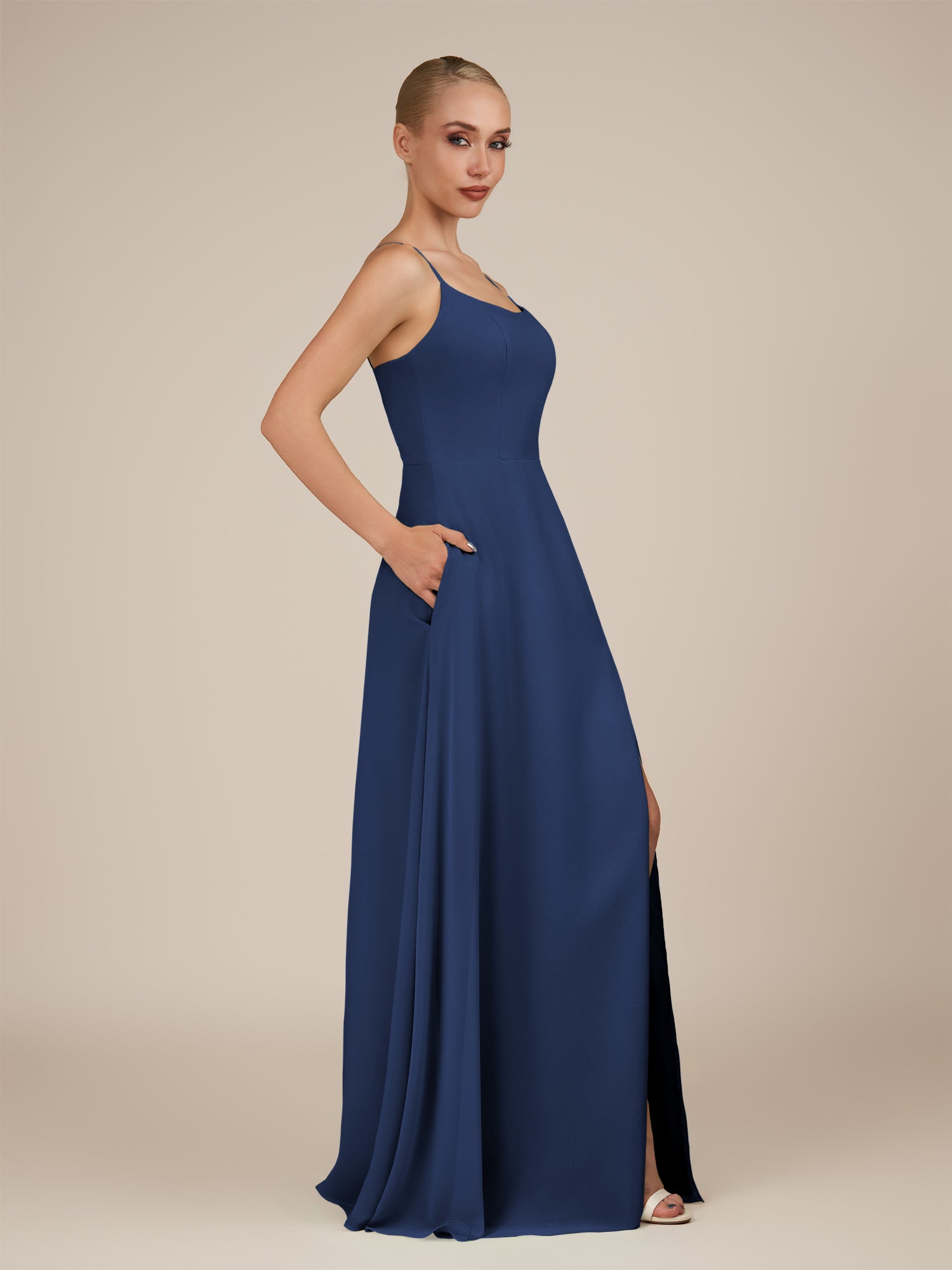 KissDress-Jovienne Navy Sheath Scoop Neck Chiffon Long Bridesmaid Dress with Slit