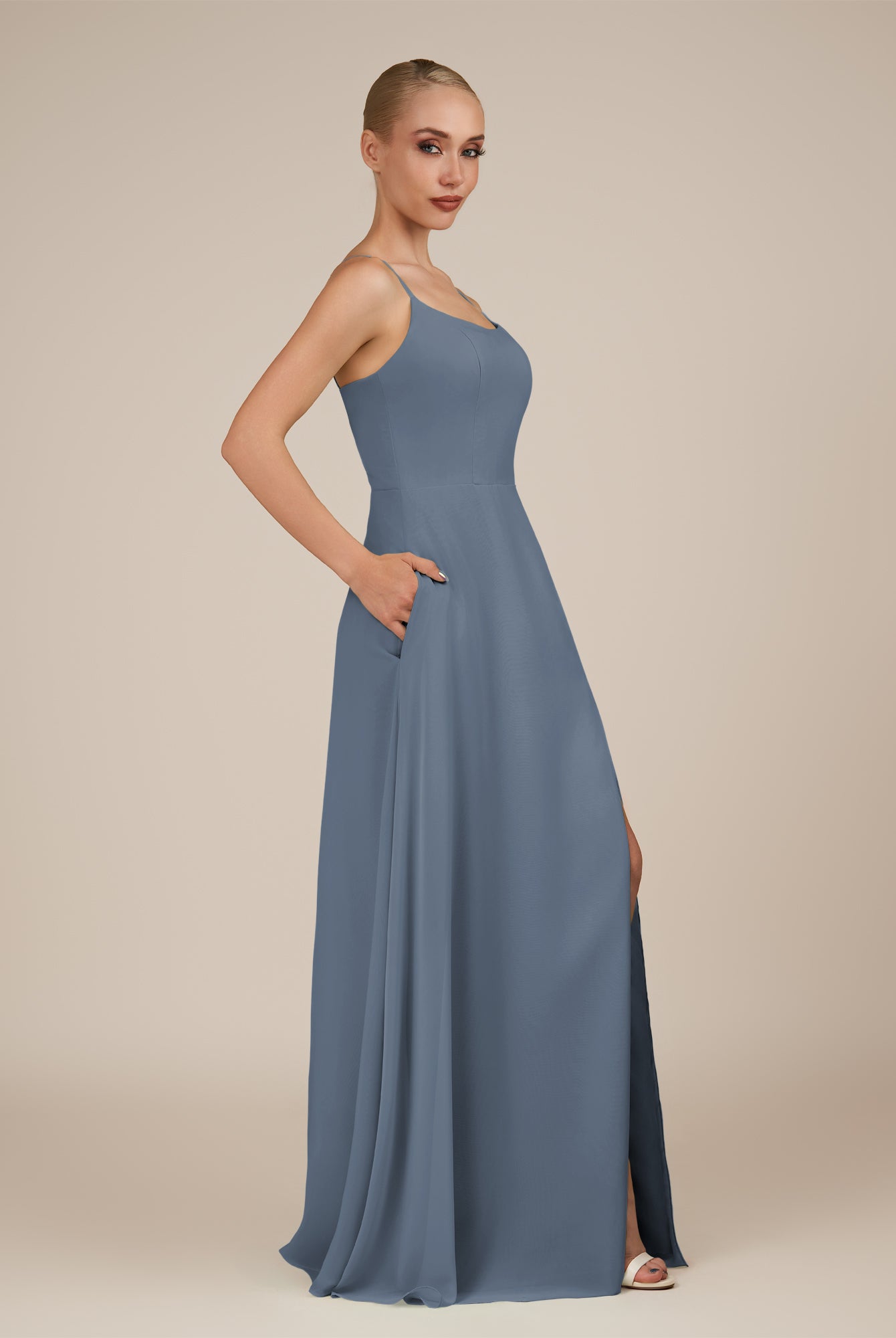 KissDress-Jovienne Neptune Sheath Scoop Neck Chiffon Long Bridesmaid Dress with Slit