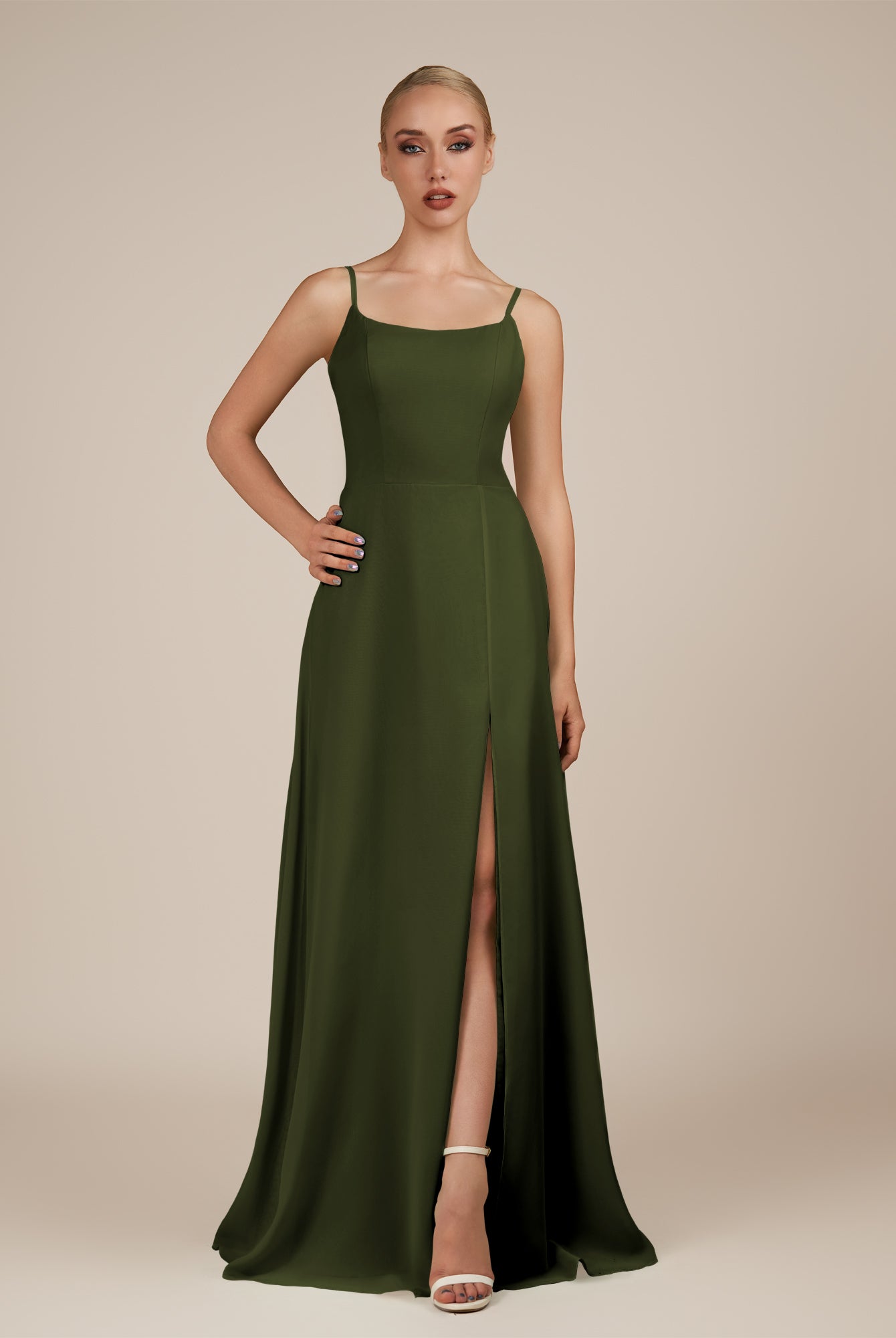 KissDress-Jovienne Olive Sheath Scoop Neck Chiffon Long Bridesmaid Dress with Slit