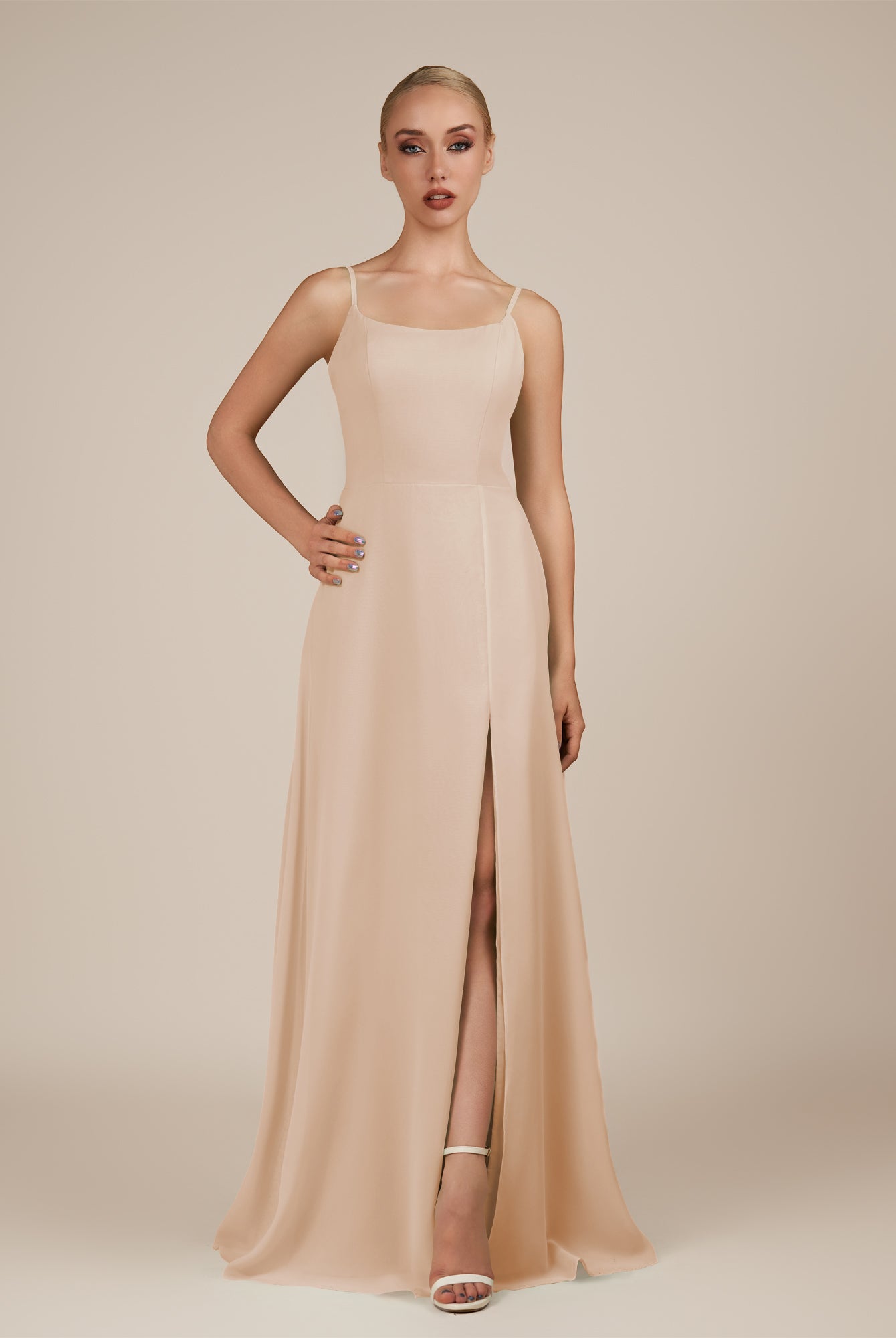 KissDress-Jovienne Pale Blush Sheath Scoop Neck Chiffon Long Bridesmaid Dress with Slit