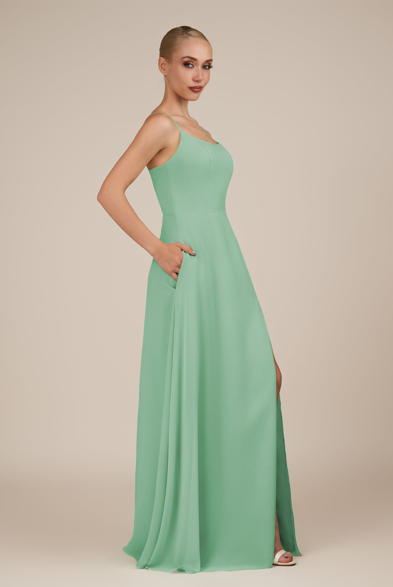 KissDress-Jovienne Pale Pistachio Sheath Scoop Neck Chiffon Long Bridesmaid Dress with Slit
