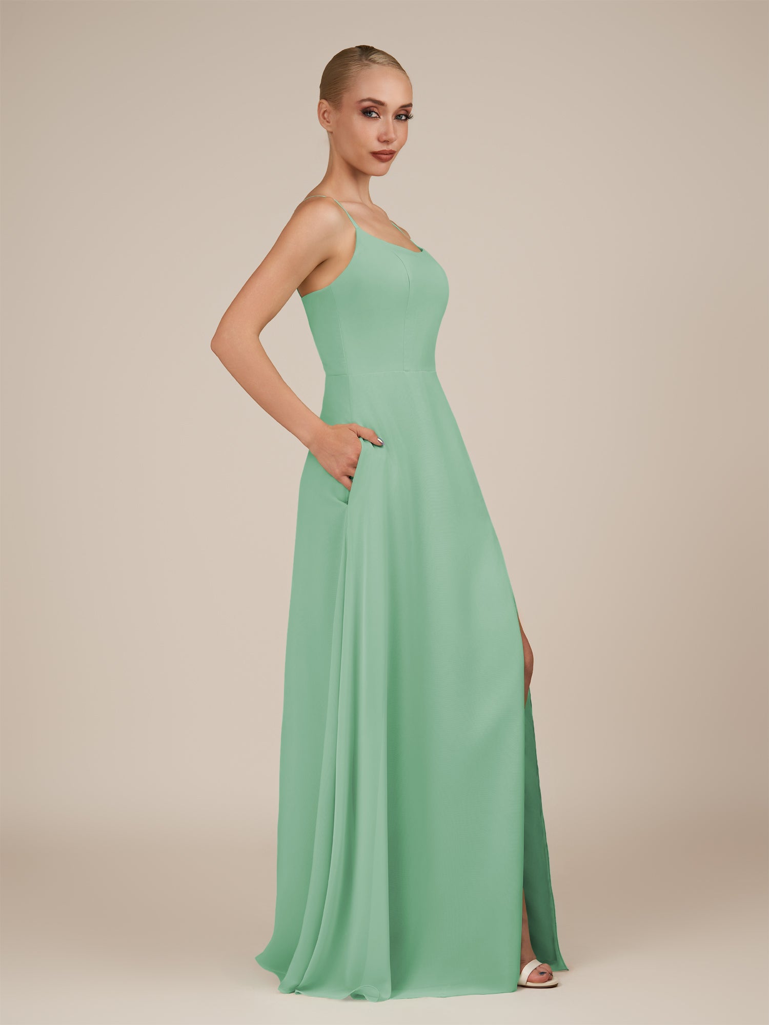 KissDress-Jovienne Pale Pistachio Sheath Scoop Neck Chiffon Long Bridesmaid Dress with Slit
