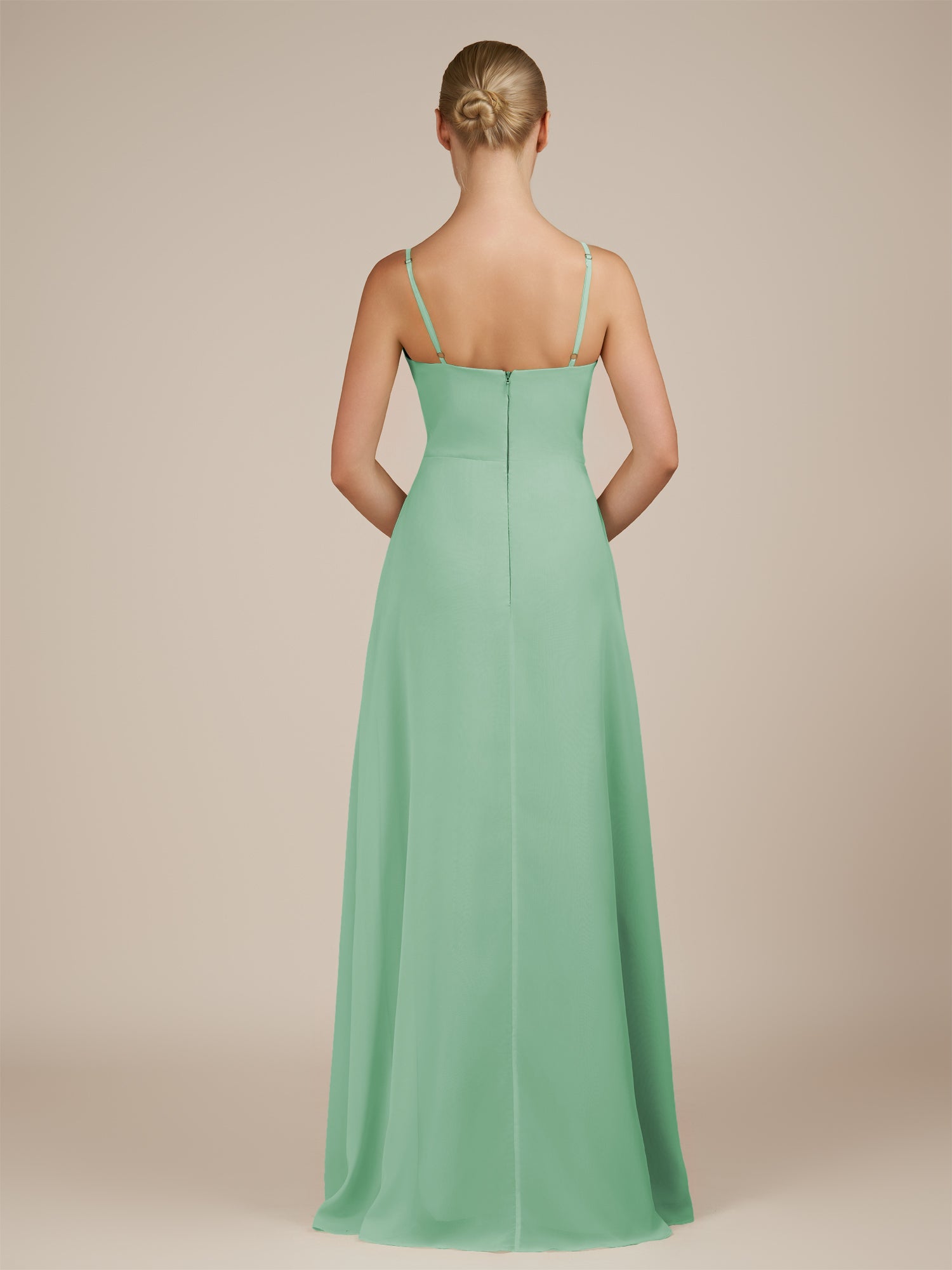 KissDress-Jovienne Pale Pistachio Sheath Scoop Neck Chiffon Long Bridesmaid Dress with Slit