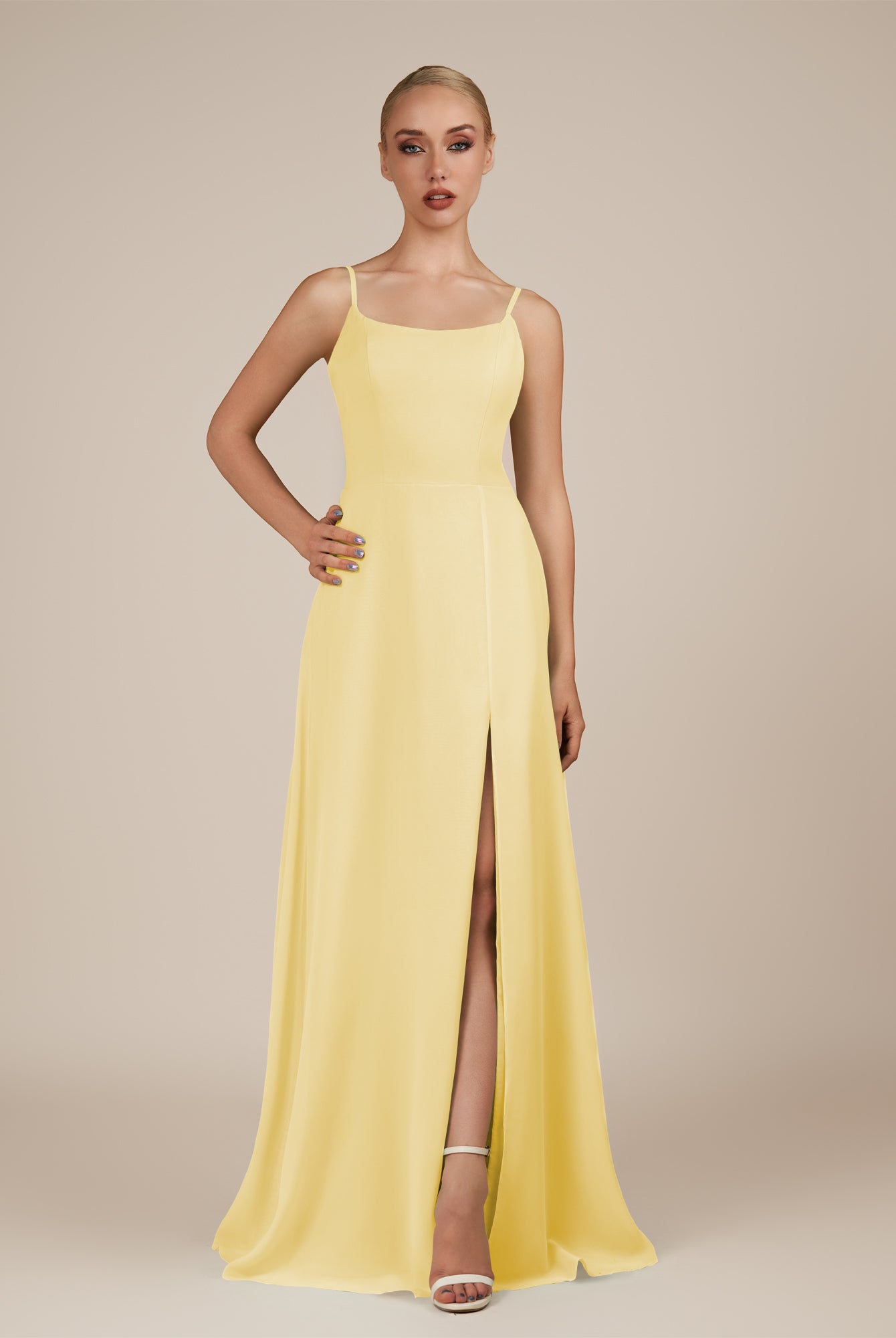 KissDress-Jovienne Pastel Yellow Sheath Scoop Neck Chiffon Long Bridesmaid Dress with Slit