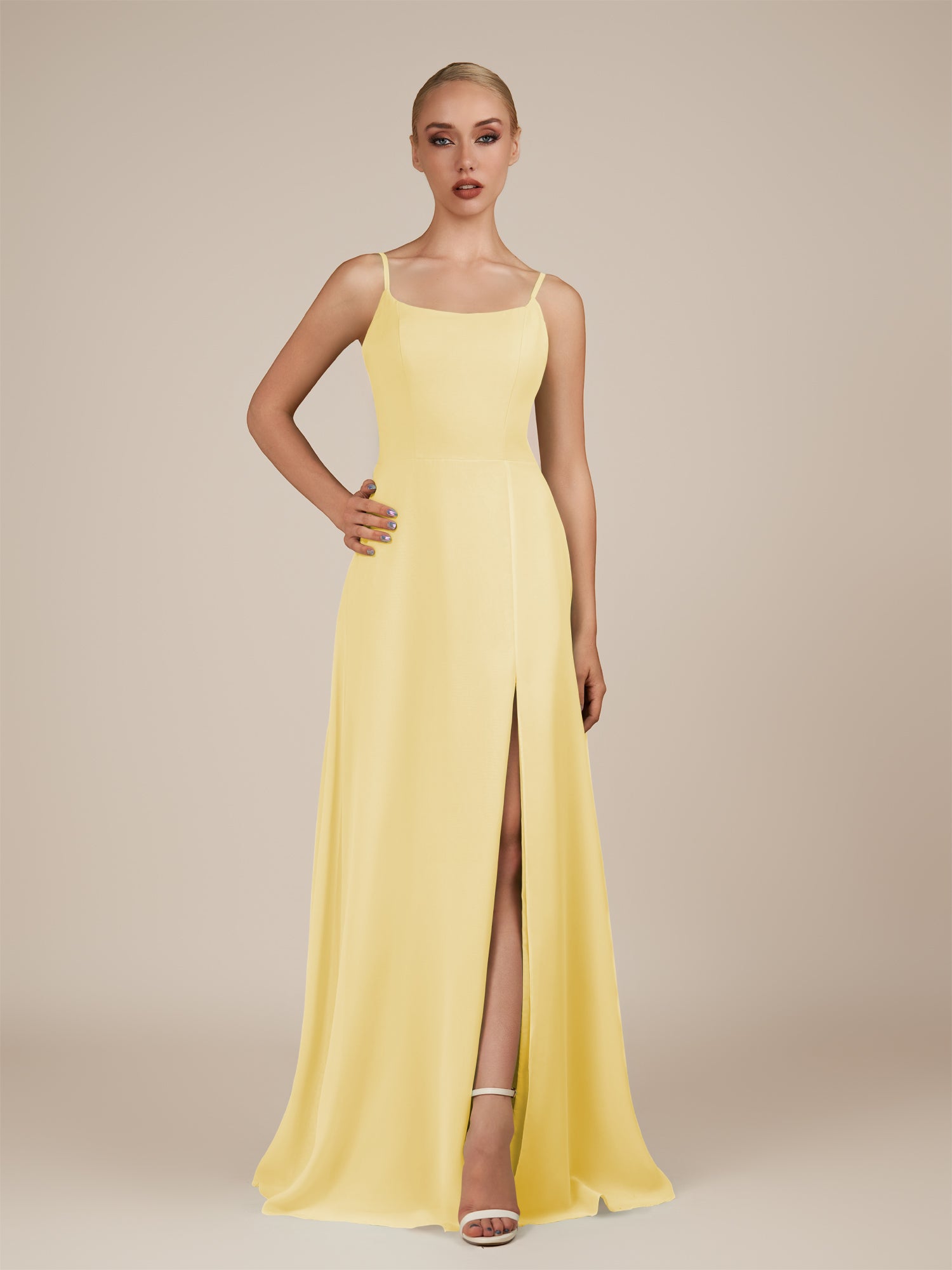 KissDress-Jovienne Pastel Yellow Sheath Scoop Neck Chiffon Long Bridesmaid Dress with Slit